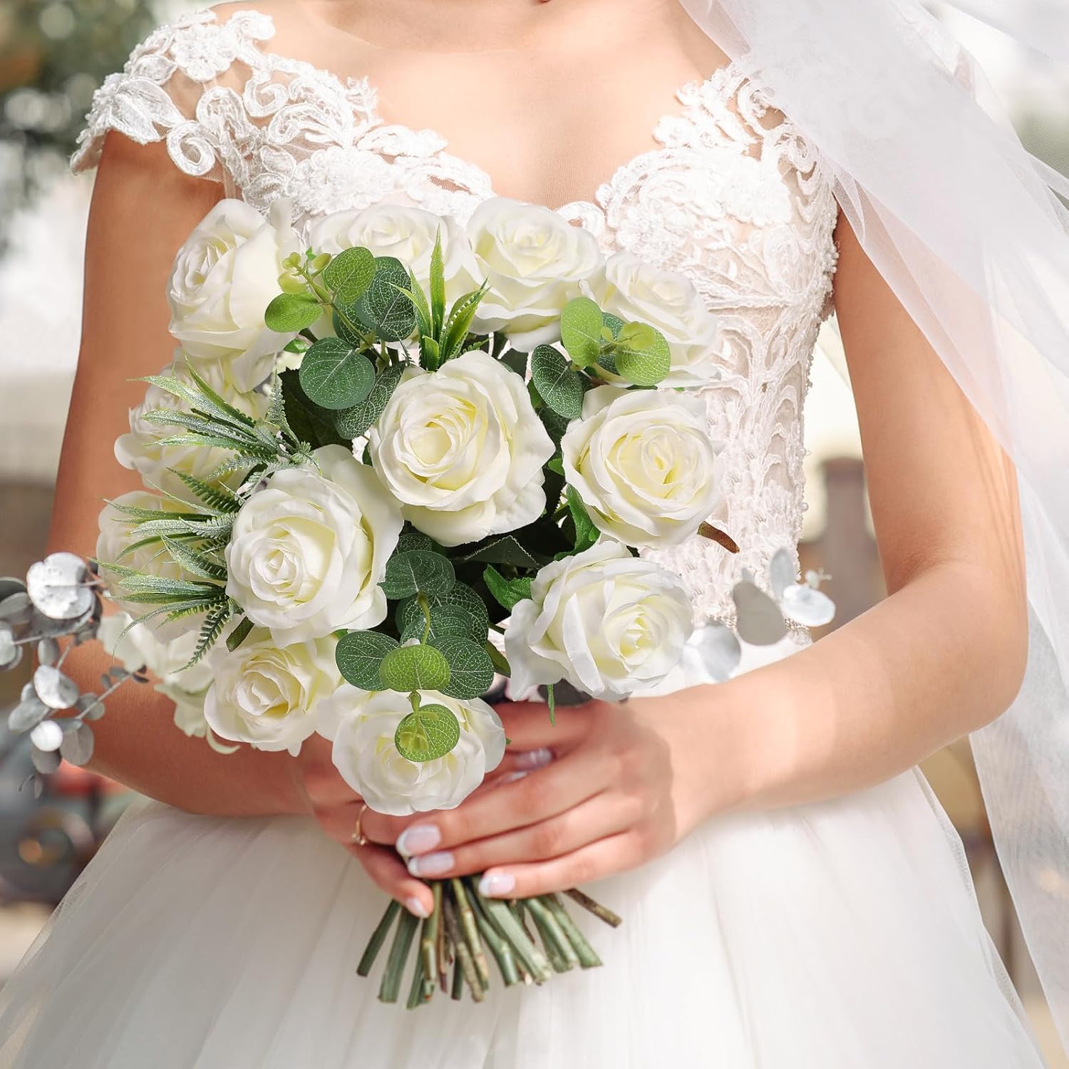 Veryhome 36Pcs Artificial Roses Realistic Fake Flowers Bulk Long Stem Silk Faux Roses Bouquet for Wedding DIY Home Decor Bridal Table Centerpieces Party Arrangements Gifts(White) - Image 5