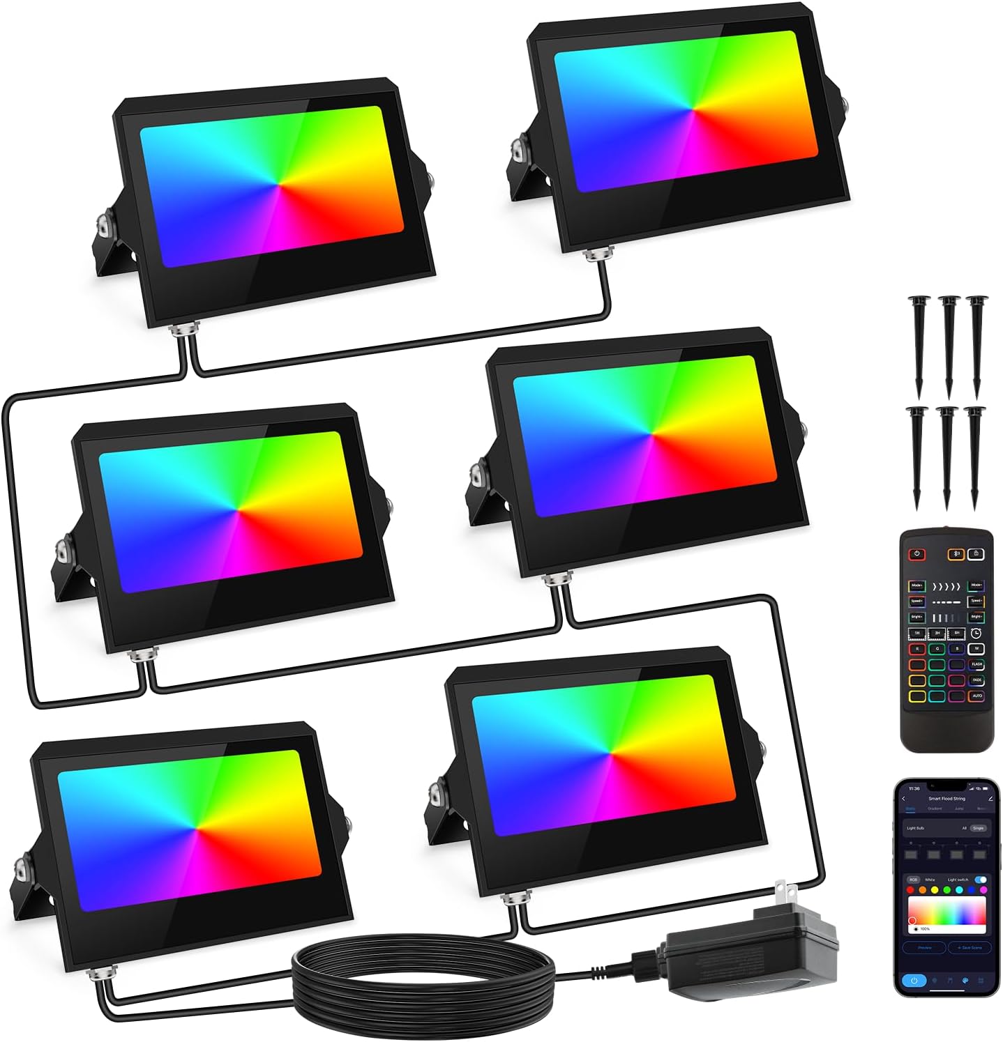 YAYZA! LED Flood Lights Outdoor 42W 4000LM, RGBW Smart Color Changing Floodlight with App/Remote/Voice Control, 3000K Dimmable Bright White Light Compatible with Alexa for Outdoor Decorations (6Pack)