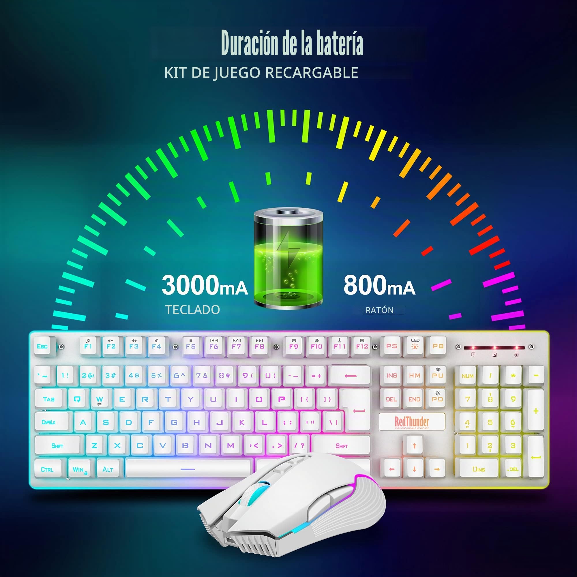 RedThunder Combo de teclado y mouse inalámbrico para juegos K10, batería recargable con retroiluminación LED de 3800 mAh, teclado de sensación mecánica de diseño británico + ratones 7D 3200DPI para PC