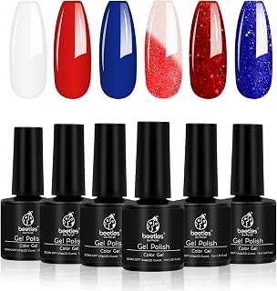 Beetles July 4th Gel Nail Polish Set - 6 Pcs Red White and Navy Blue Colors Royal Blue Glitter Gel Polish Color Changing, Soak Off Nail Lamp Cured Perfect for the 4th of July Manicure