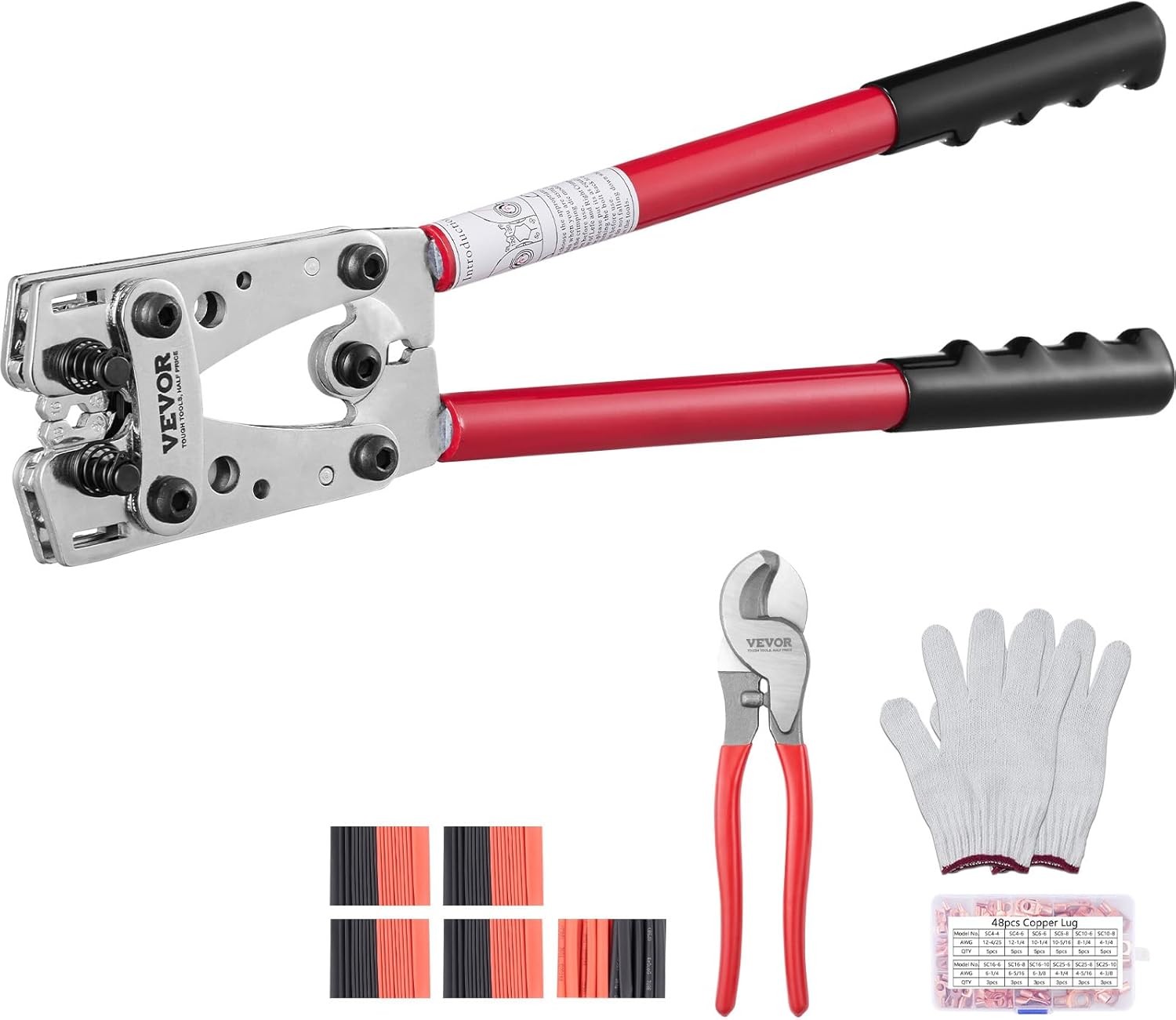 VEVOR Battery Cable Lug Crimping Tool, 10-1/0AWG with Cable Cutter and 48PCS Copper Ring Terminals, 6 Wire Sizes Crimping Die and 100pcs Heat Shrink Tubes, for Heavy Duty Wire Lugs