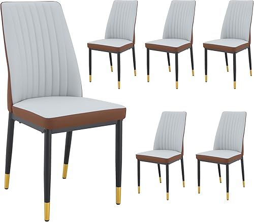Miniatura 10 de Juego de 6 sillas de comedor modernas, Juego de 6 sillas de comedor con cuero PU y patas cromadas de respaldo alto, sillas de metal Sillas para