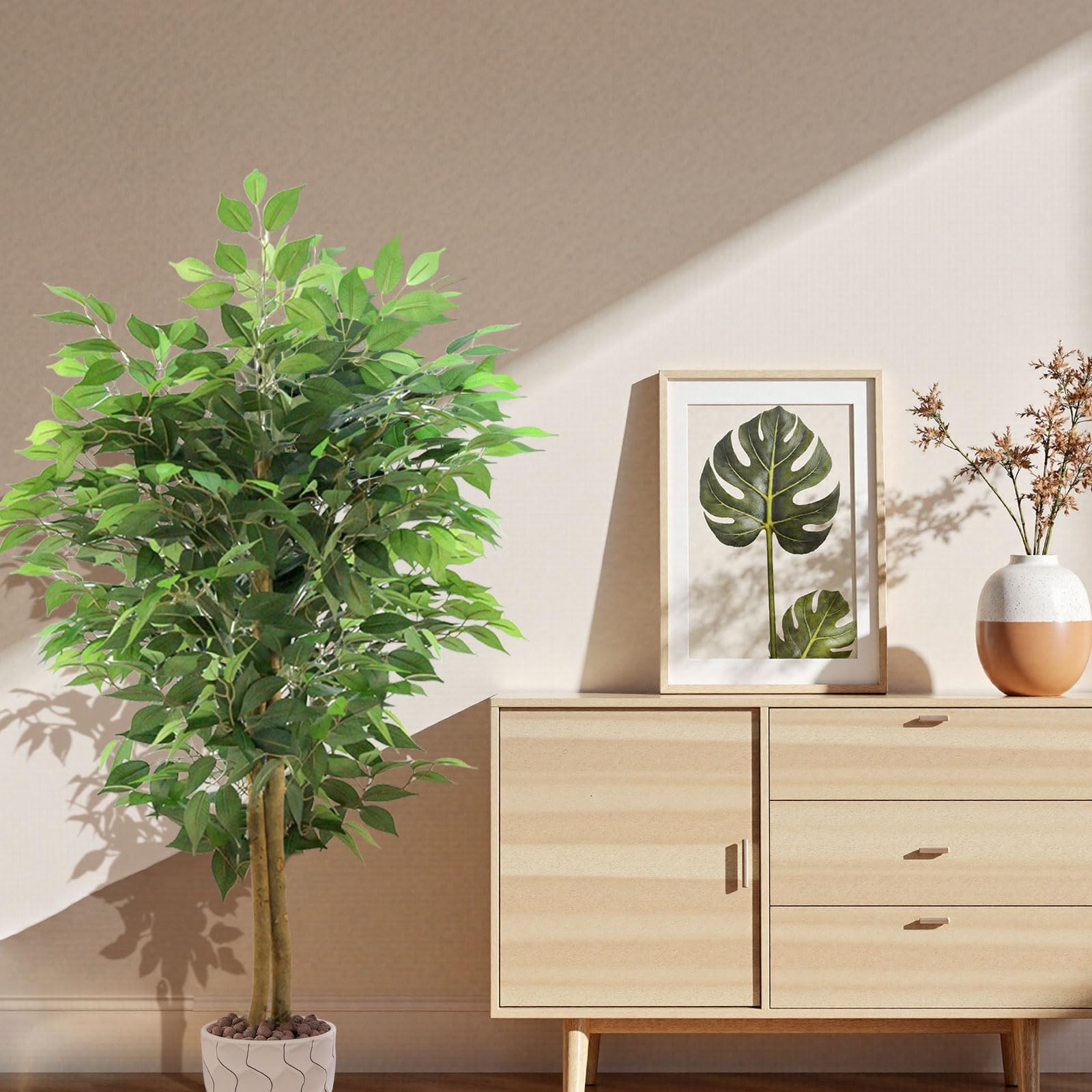 150cm Kunstbaum Ficus, Kunstpflanze Groß mit Naturholz-Stamm wie echt für Wohnzimmer, Büro, Garten, Balkon & Terrasse
