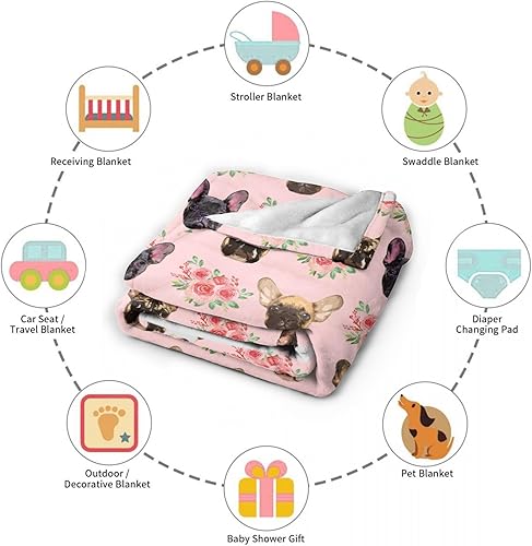 Miniatura 8 de Manta de bulldog francés, manta de flores francesas, regalo para niños, niñas, amantes de los perros, suave, acogedora, cálida, de franela, ligera,