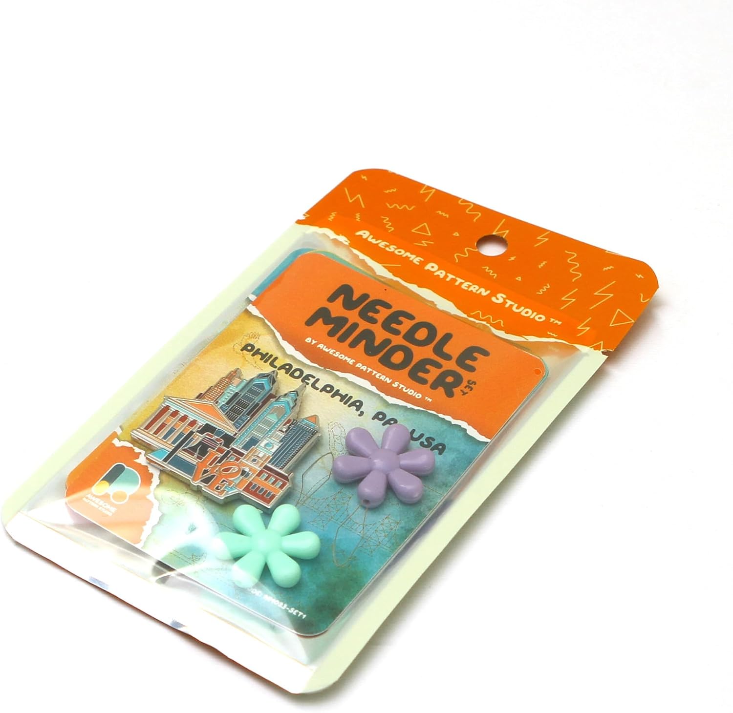 Awesome Pattern Studio Needle Minder Set – Philadelphia Magnetic Needle Minder + 2 Needle Threaders. Enamel Pin for Cross Stitch, Embroidery and Craft