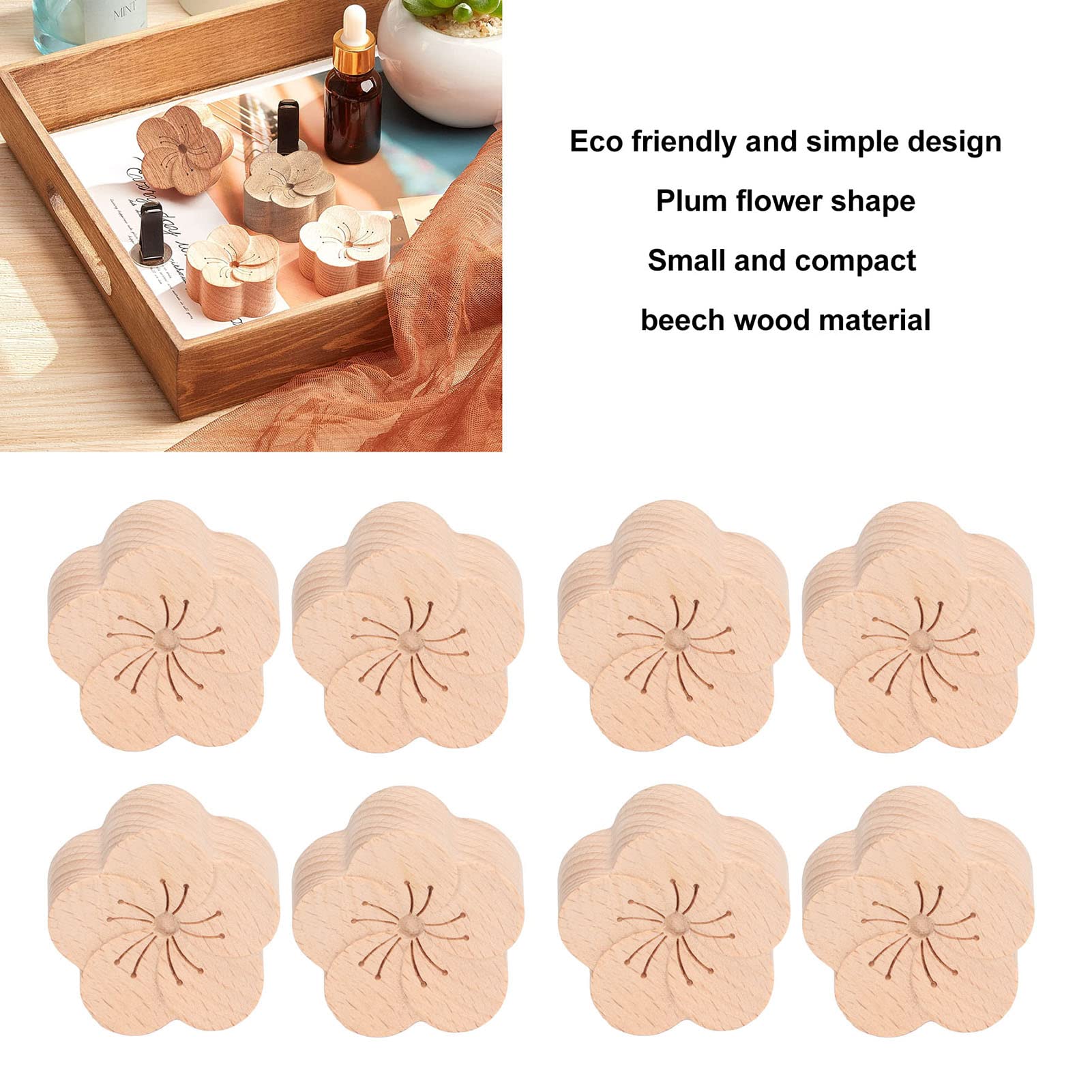Difusor de aceite esencial con forma de flor de ciruela, difusor de madera de haya natural para coches, oficinas, dormitorios y estudios de yoga con clip compacto