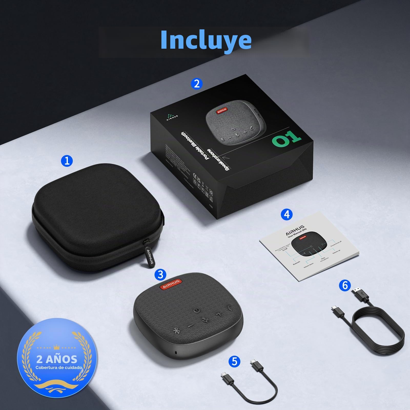AIRHUG - Altavoz y micrófono de Conferencia, Altavoz Bluetooth con Recogida de Voz de 360°, reducción Avanzada de Ruido, USB-C Plug & Play, Compatible con Zoom y MS Team