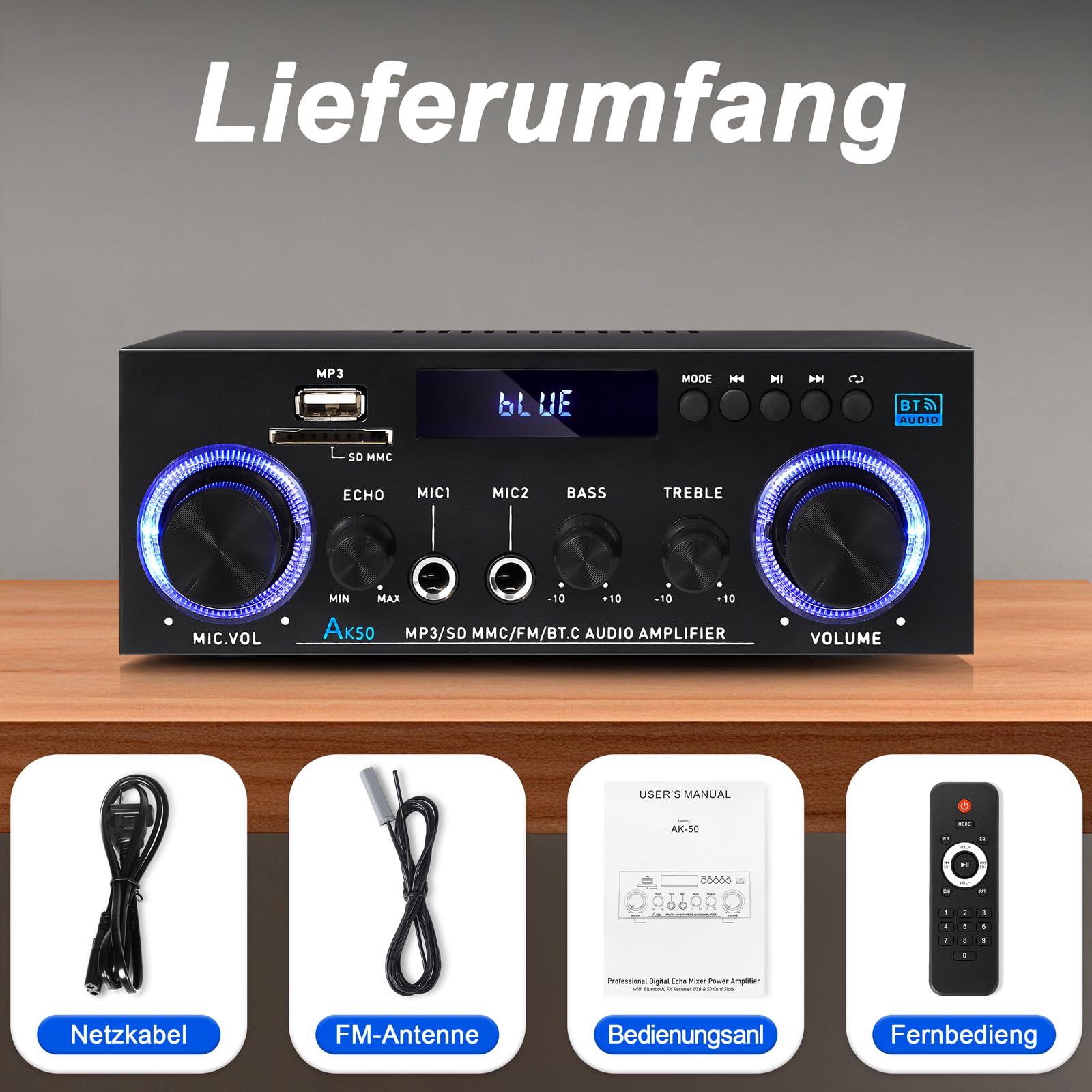 AK50 wzmacniacz HiFi, domowe audio, odbiornik stereo 400 W, domowy 2-kanałowy system wzmacniacza mocy Bluetooth 5.0, radio FM, USB, karta SD, z pilotem zdalnego sterowania, do głośników kina domowego