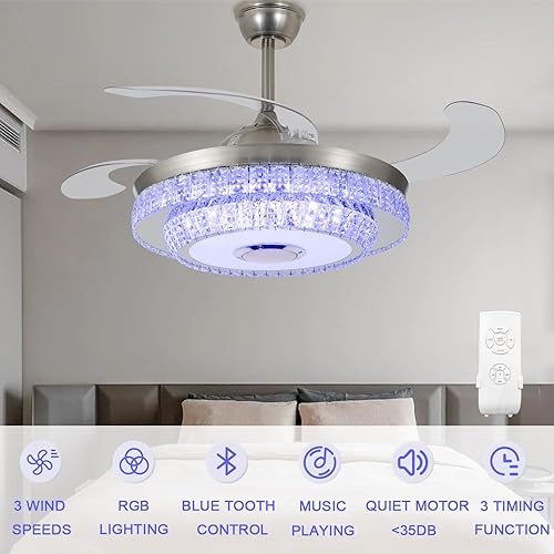 Miniatura 3 de mfanchan Fandelier de 42 pulgadas con altavoz Bluetooth, candelabro con ventilador, ventiladores de techo de cristal inteligentes con luces y