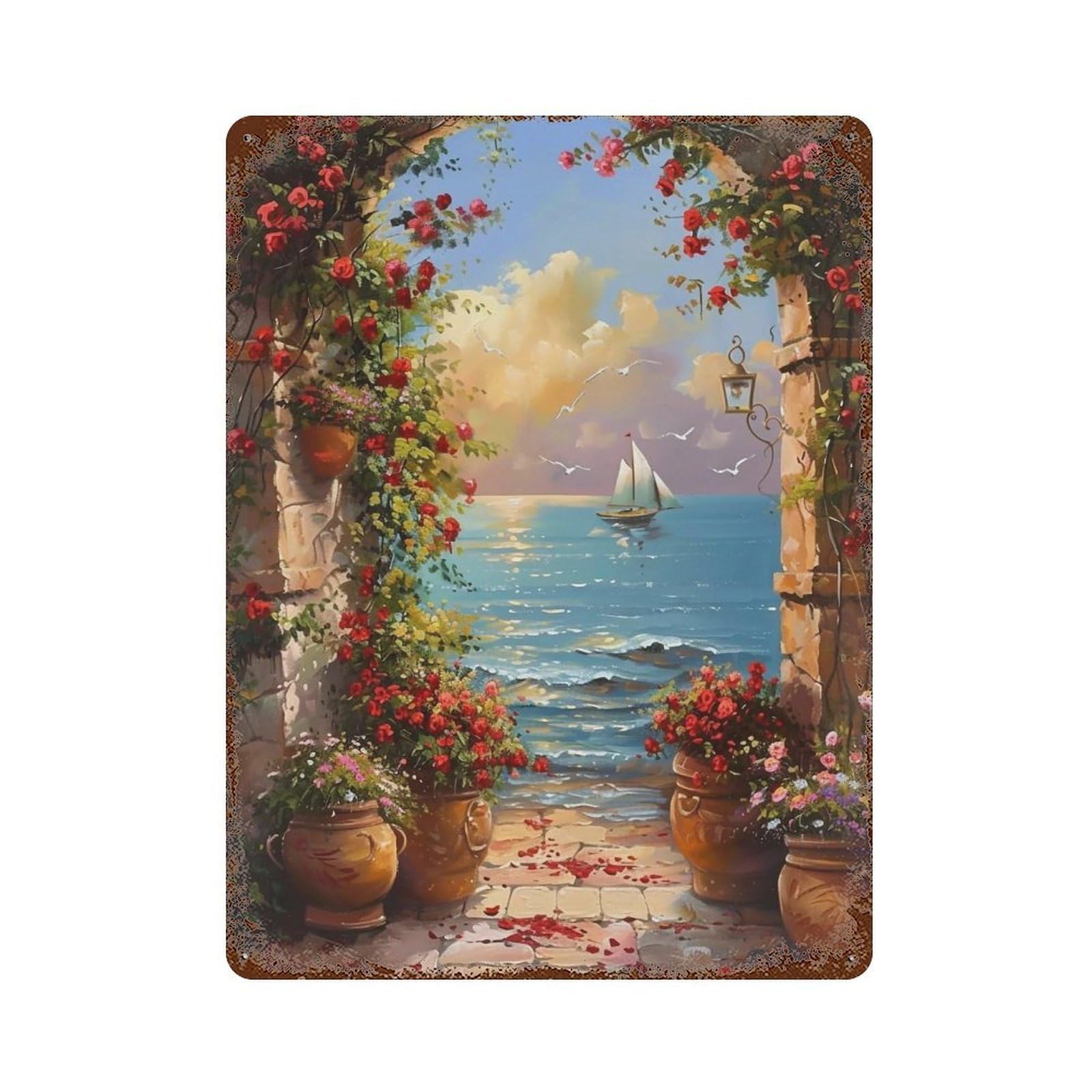 Hduryeyryy Multicolour Mediterranean Rose Path 04 Wall Retro Iron Vintage Art Metal Tin Sign Poster Modern Home Cofffee Club Art Bar Shop Decor 40X30cm