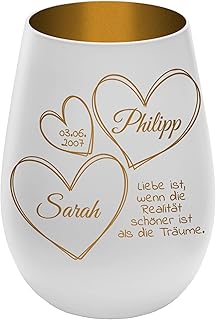 Windlicht mit Gravur ''In Liebe vereint'' - Weiß/Gold - Glas Teelichthalter personalisierbar mit Wunschtext - Geschenk zu Valentinstag Hochzeit Verlobung Jahrestag
