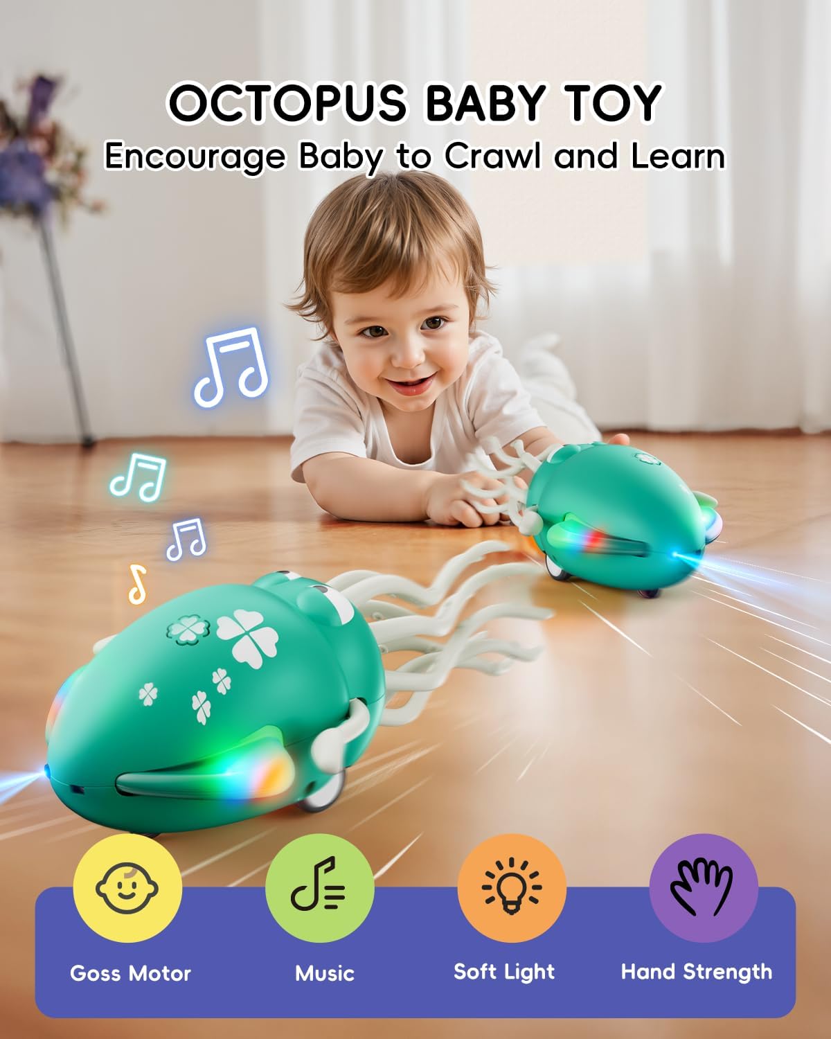 Electric Crawling Dancing Octopus Toy - LED Lights & Music, USB-C Rechargeable Tummy Time Toy for 36 Months-6 Years Toddlers, Boys & Girls | Birthday Gifts, Christmas Stocking Stuffers