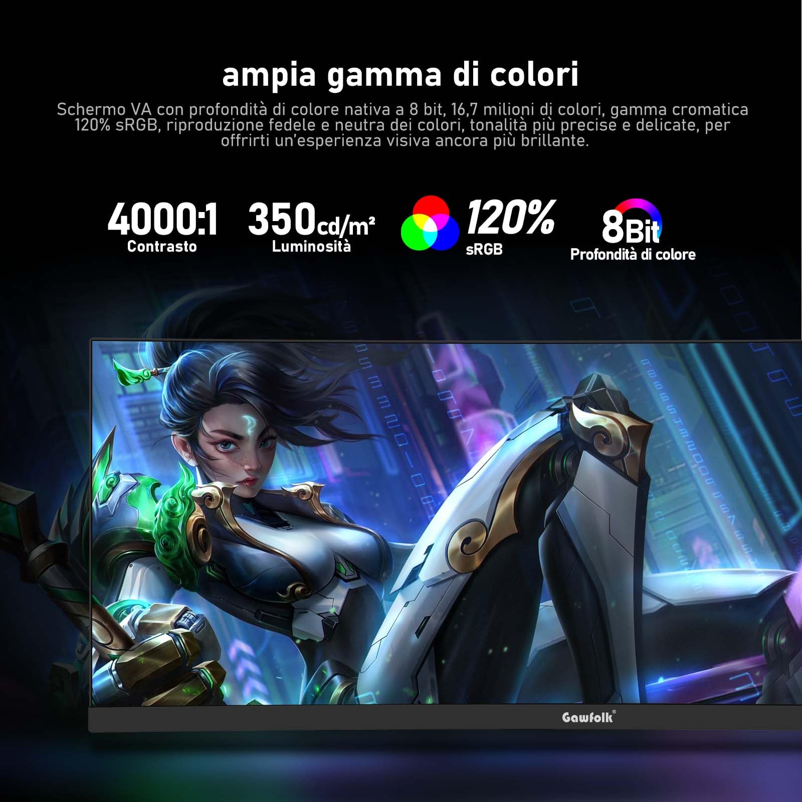 Gawfolk Monitor Gaming Curvo Ultrawide 34 Pollici 165Hz UWQHD 3440x1440 21:9 3800R 120% sRGB 1ms Adaptive Sync - Nero