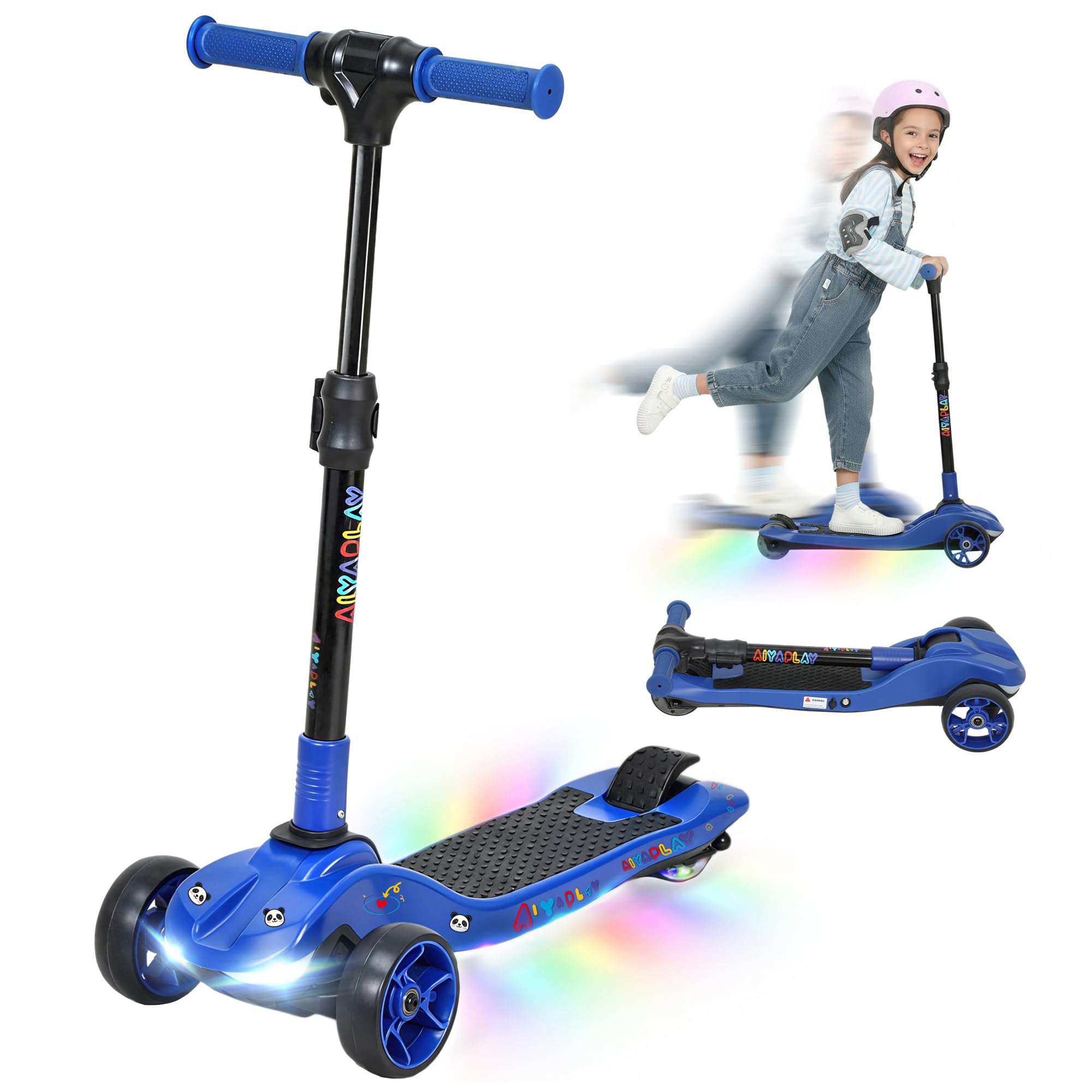 AIYAPLAY Patinete eléctrico para niños Plegable, Patinete eléctrico 6+ Años, 3 Ruedas, arranque cero, velocidad máxima 8 km/h, luces LED coloridas, autonomía 8 km, freno de pie, azul