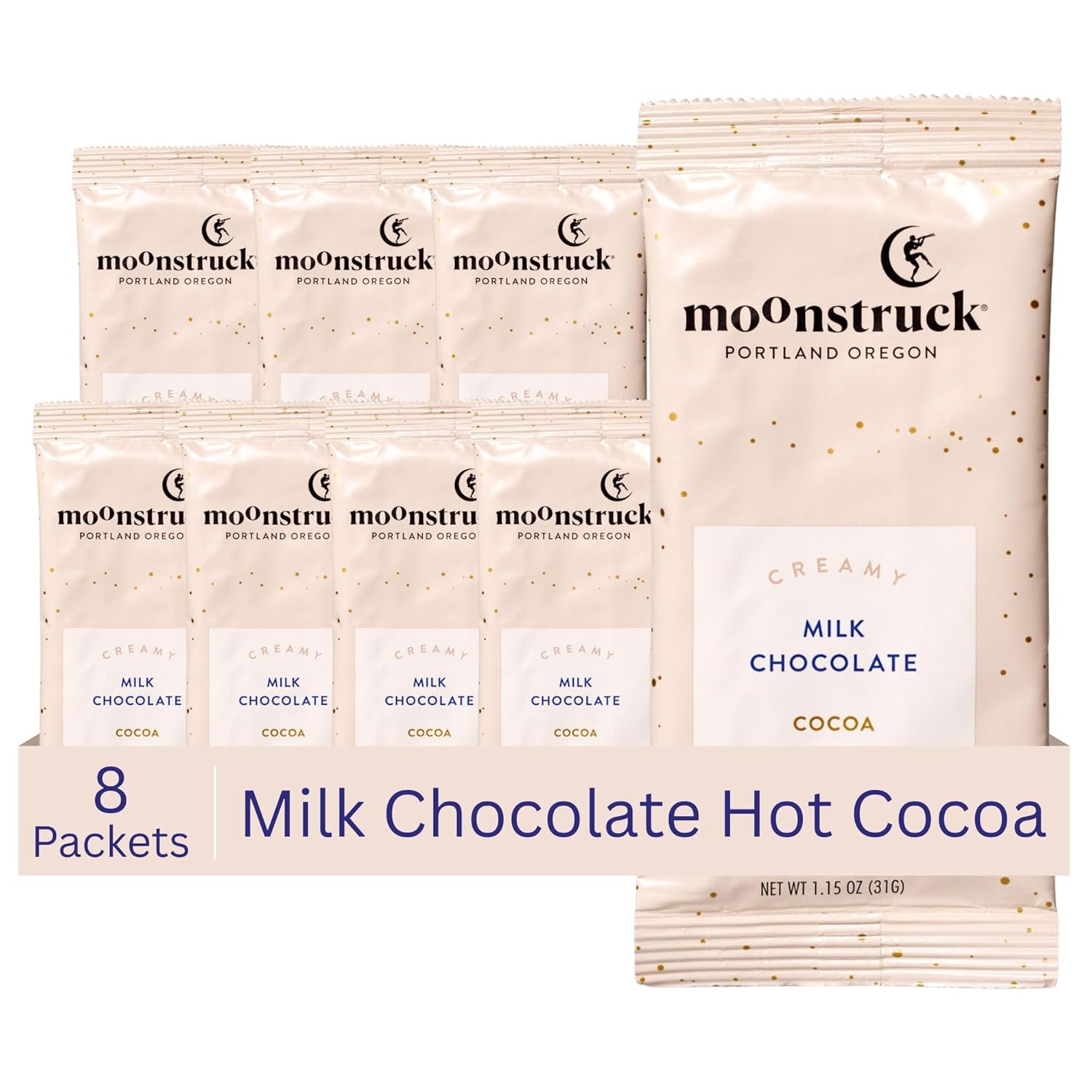 Moonstruck Chocolate Single Serve Creamy Milk Chocolate Hot Chocolate Packets, 8 Count (Pack of 1)