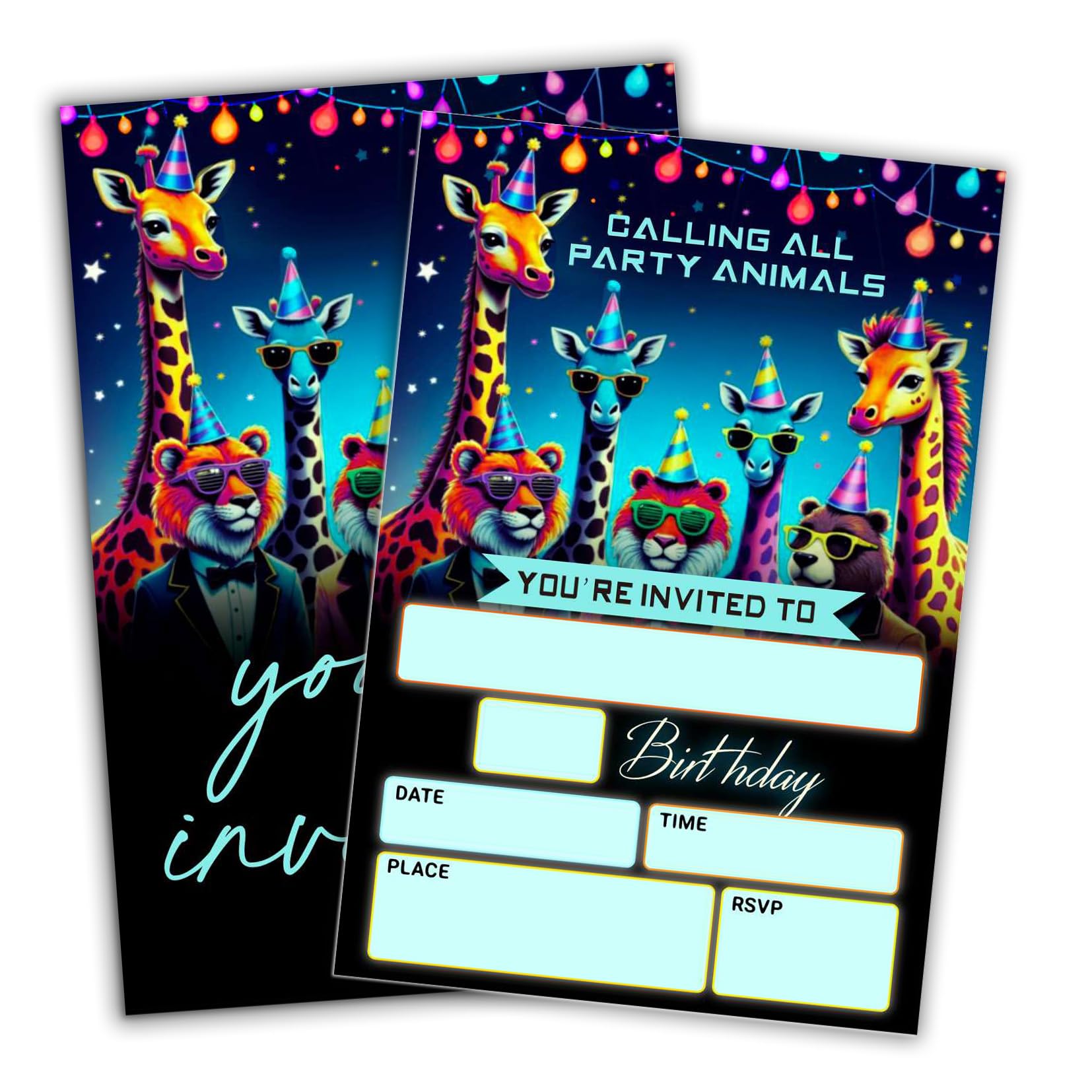 JCVUK Neon Birthday Party Invitation Card - Calling All Party Animals - 4 X 6 Double-Sided Fill-In Invitation Card With 20 Envelopes For Boys -