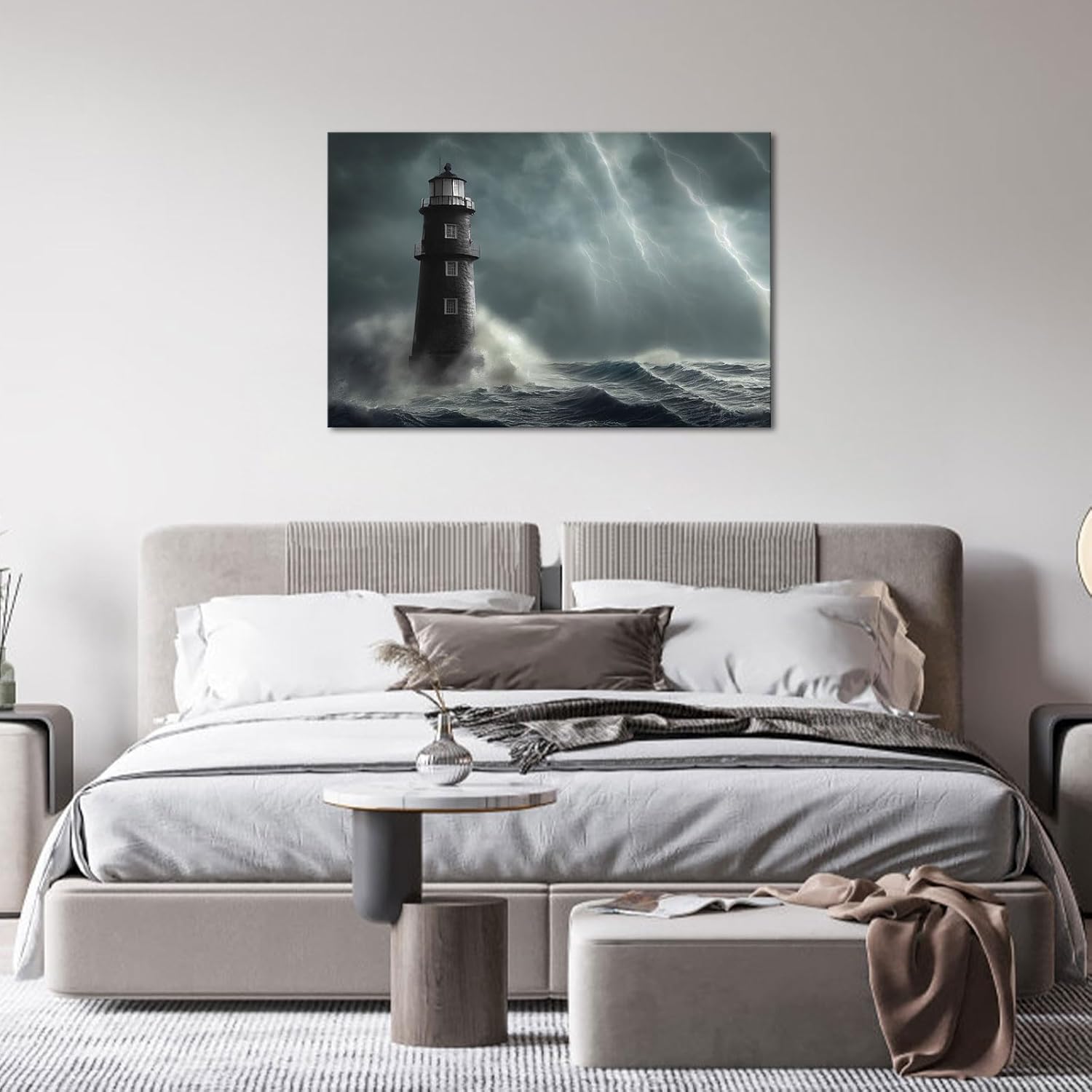 Artsbay Lighthouse Wall Art Ocean Wave Seascape Pictures Lightning Storm Canvas Prints Black and White Home Decor Framed for Living Room Bedroom Office 24 x 36inches