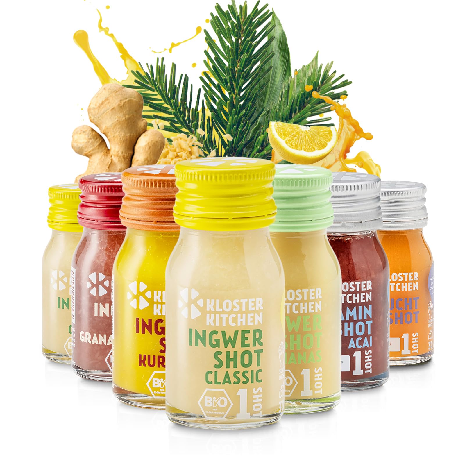 Kloster Kitchen Mezcla de jengibre orgánico 14 botellas 30 ml con trozos de jengibre vidrio vegano