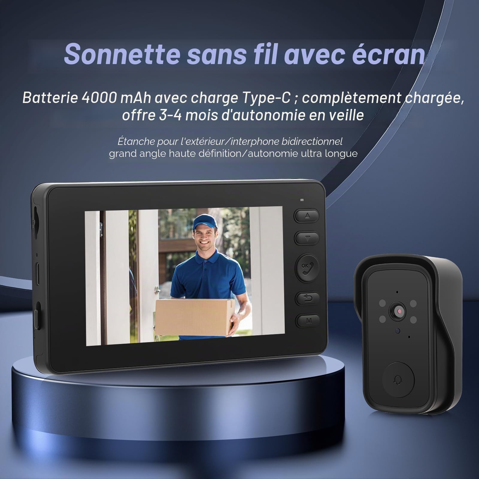 Sonnette Sans Fil avec Caméra 1080P Extérieur Étanche IP65, Visiophone avec Écran 4.3 Pouces, Angle 170° Vision Nocturne Audio Bidirectionnel, Interphone Vidéo Sans WiFi Sans Abonnement pour Maison