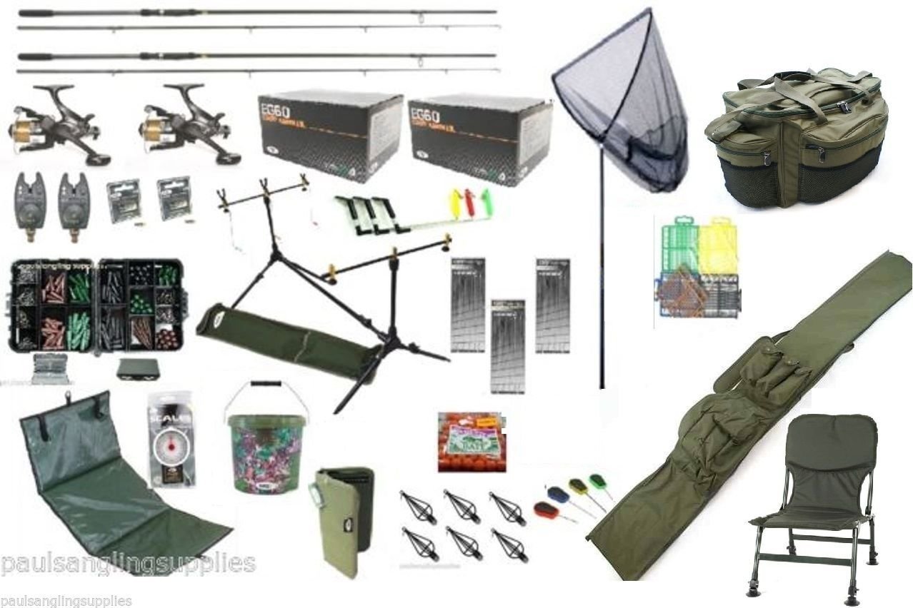 Carp Fishing Fishin fising Set Kit Rods Reels Chair Alarms Bait Tackle Tools Mat Hook Luggage