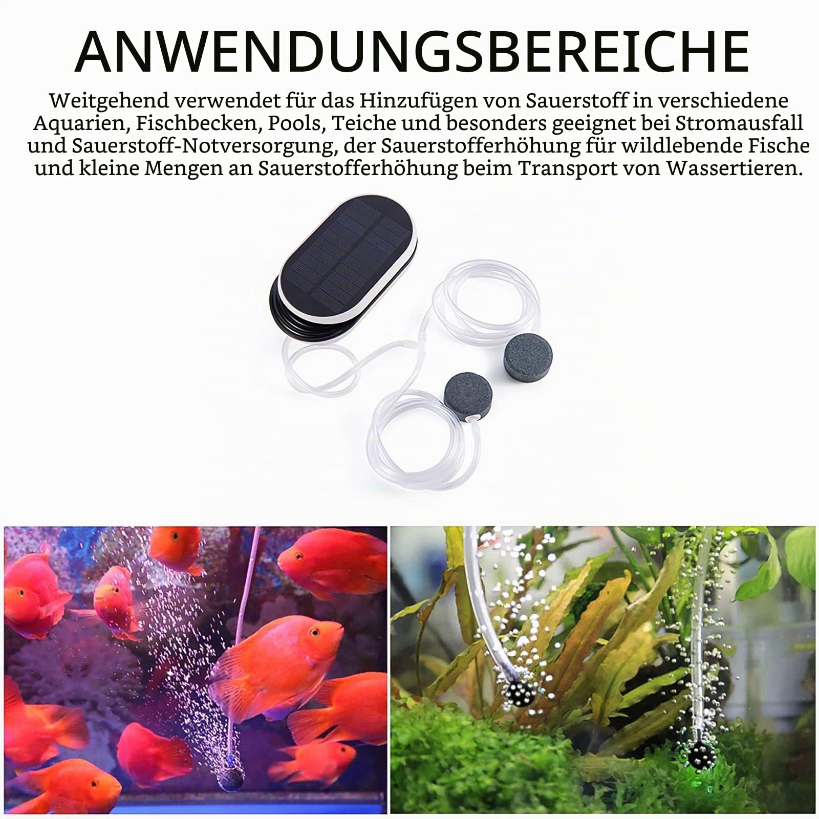 Teichbelüfter Solar, SUNJULY 3 Arbeitsmodi, Leise Einstellbar Aquarium Luftpumpe Sauerstoffpumpe für Teich Gartenteich mit 2 Sprudler