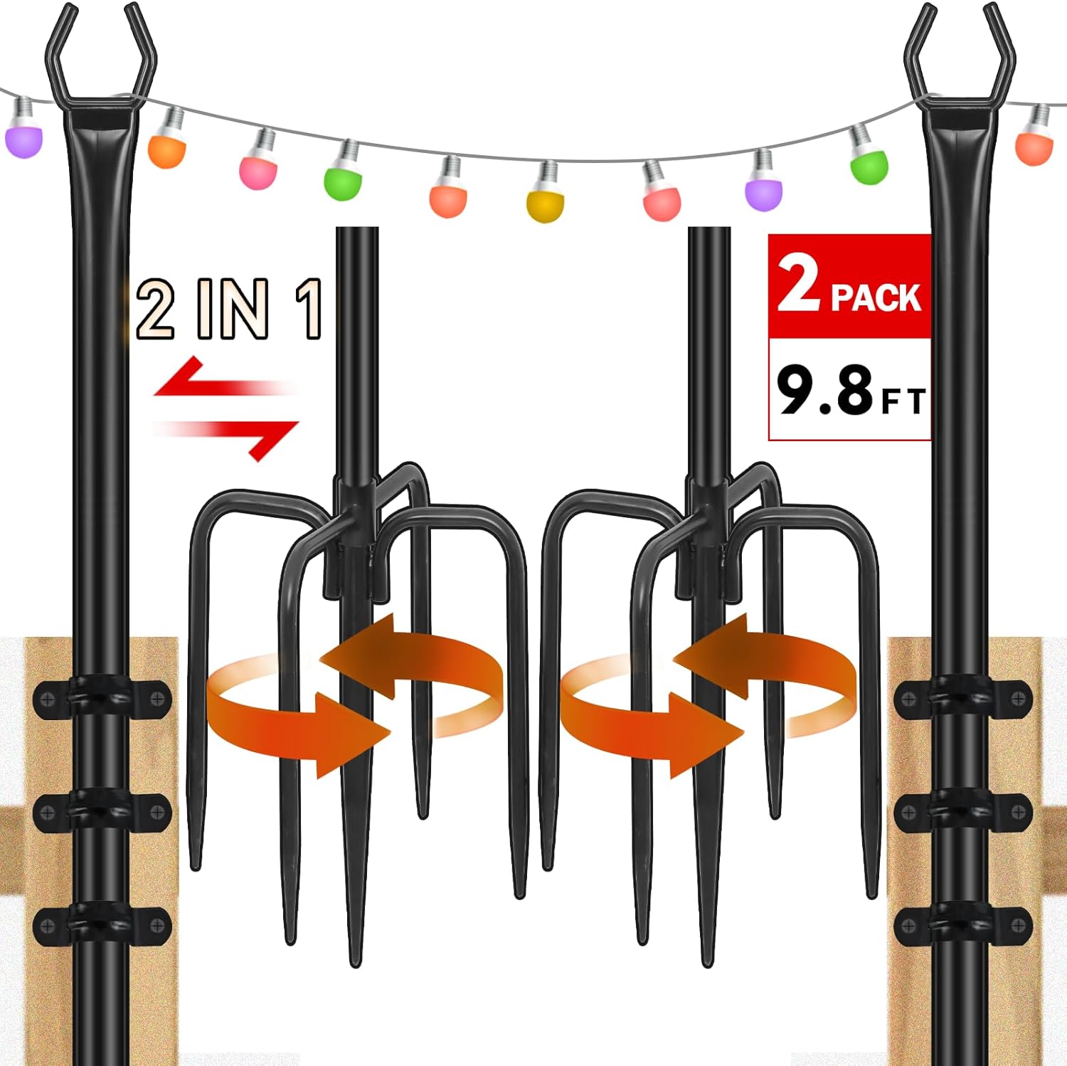BOZTIY 9 Ft. 5 Prong Fork Backyard Outdoor String Light Poles Stand For Patio, Garden, Yard