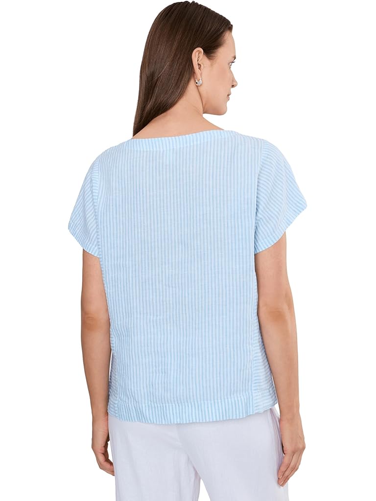Blue L.L.Bean Premium Washable Linen Short Sleeve Striped Shirt