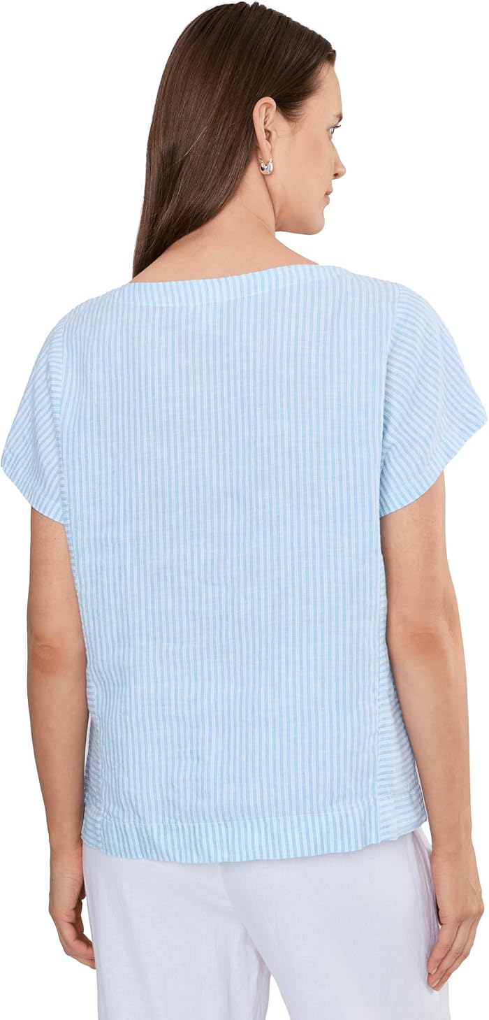 Женская рубашка L.L.Bean Premium Washable Linen Short Sleeve Striped, цвет: Синий — фото 2