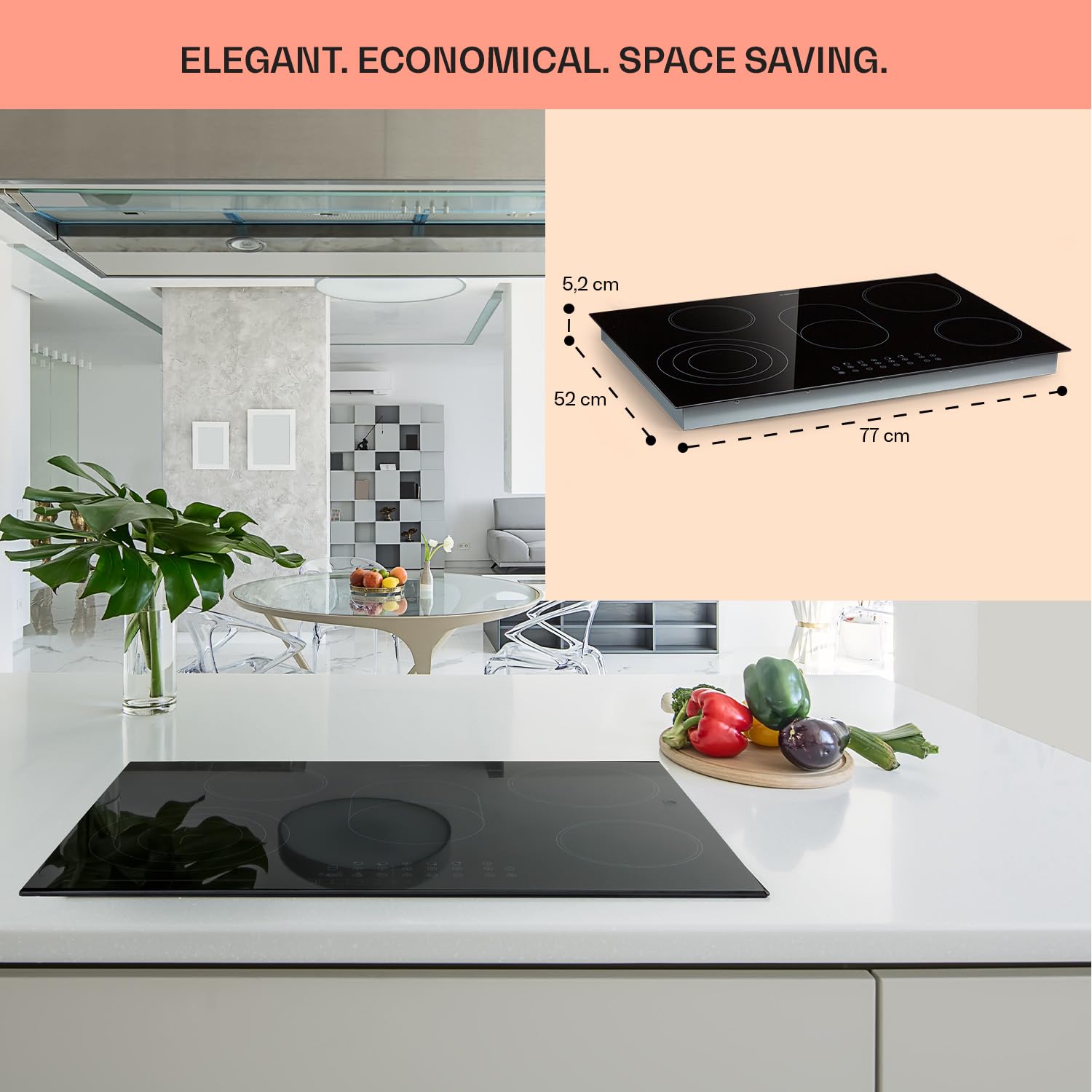 Klarstein Płyta ze szkła ceramicznego, Kuchenka z 5 polami, 8500W płyta, Nowoczesna kuchenka do zabudowy, Elektryczna grzejna, elektryczna z funkcją boost, ceramiczna 80 cm