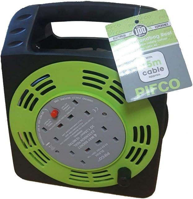 Daewoo Extension Reel, 4 Way Socket with 15 Metre Cable, Heavy Duty with Resettable Safety Cut Out, Handbag Reel, Black and Green