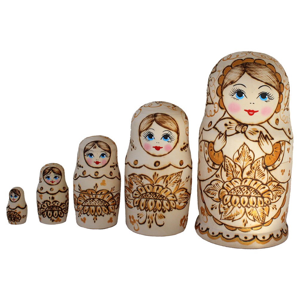 Matroschka Babuschka Matryoshka Holz Figuren Sonnenblume 5 Puppen Holzbrandmahlerei