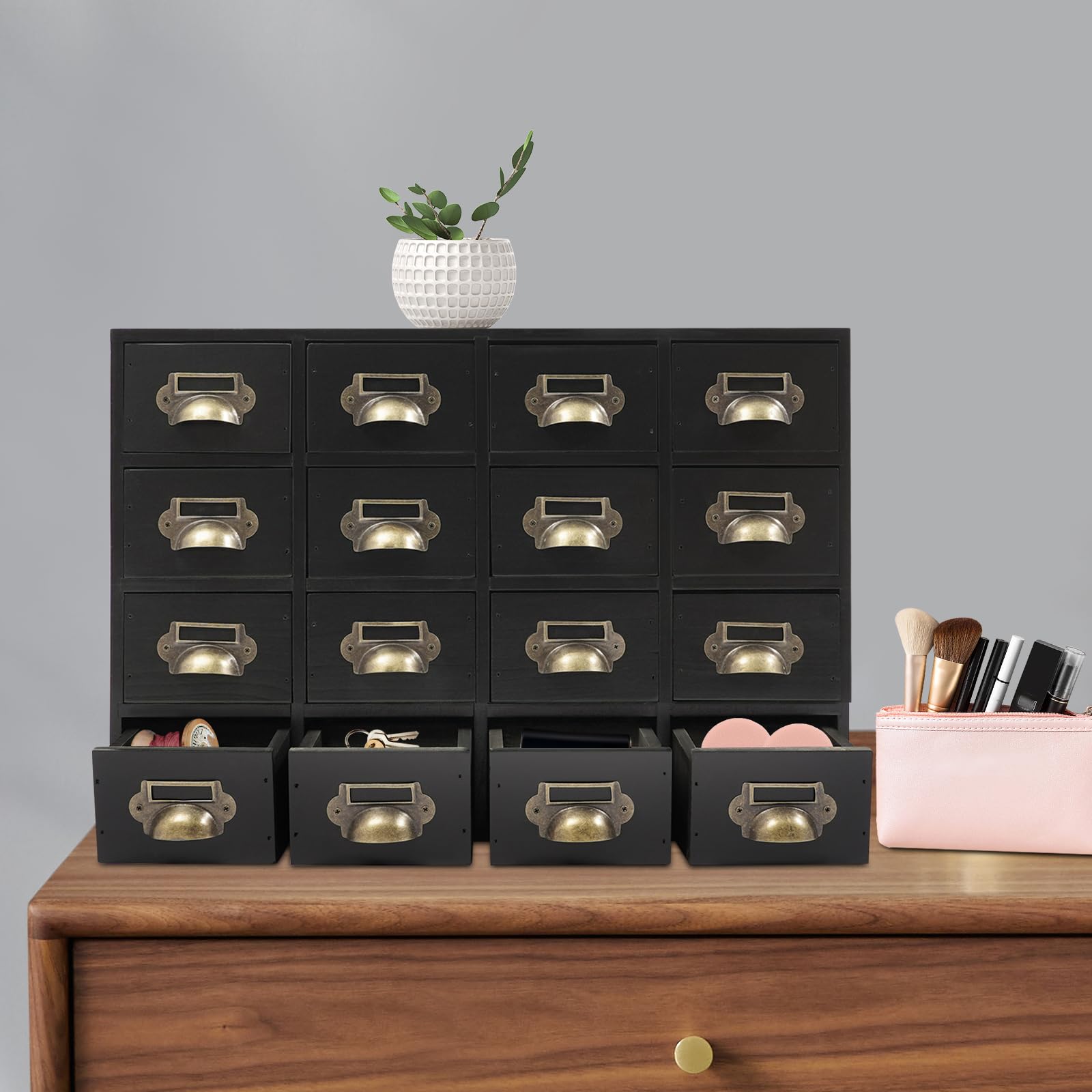 Desktop Schubladenschrank Holz, Klein Vintage Kommode mit 16 Schubladen, 16-Schubladen-Schrank, Schreibtisch-Schubladen-Organisator für Haushalte, Büro, 50x10x35 cm (Schwarz)