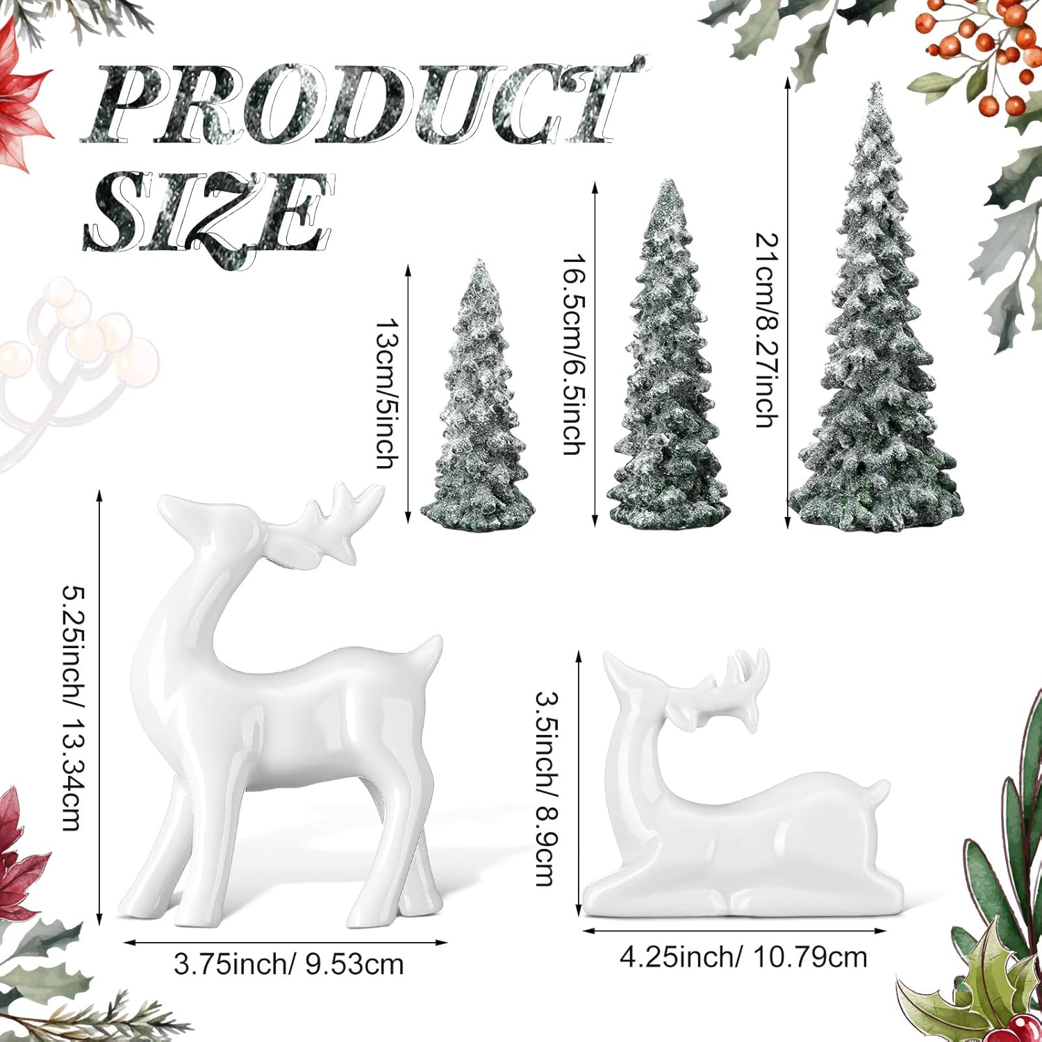 AceOrbit 5 Pcs Reindeer Christmas Decor and Christmas Trees White Ceramic Reindeer Figurines Decoration Small Lucky Ceramic Sitting Standing Deer Xmas Home Mantel Cabinet Desktop Tabletop Decor