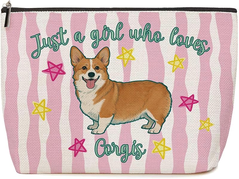 Lovdazzles Necessaire de maquiagem com estampa listrada rosa e corgi