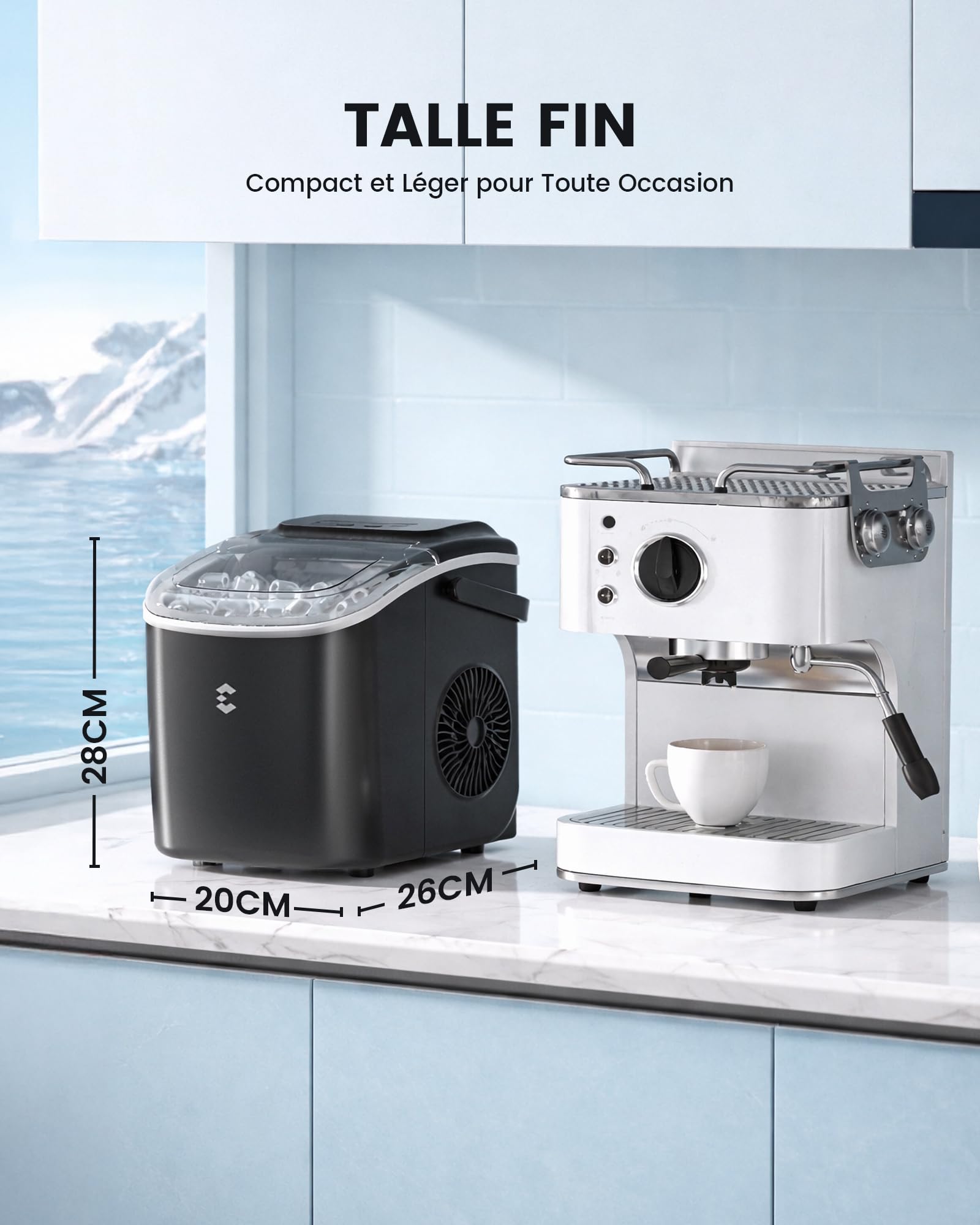 EASYERA Machine à Glaçons, Design Compact et Fin, 12 Kg/24H | 2 Tailles de Glaçons, Machine a Glacons Autonettoyante, Ice Maker Pour maison/ cuisine/ bureau/ bar/ camping