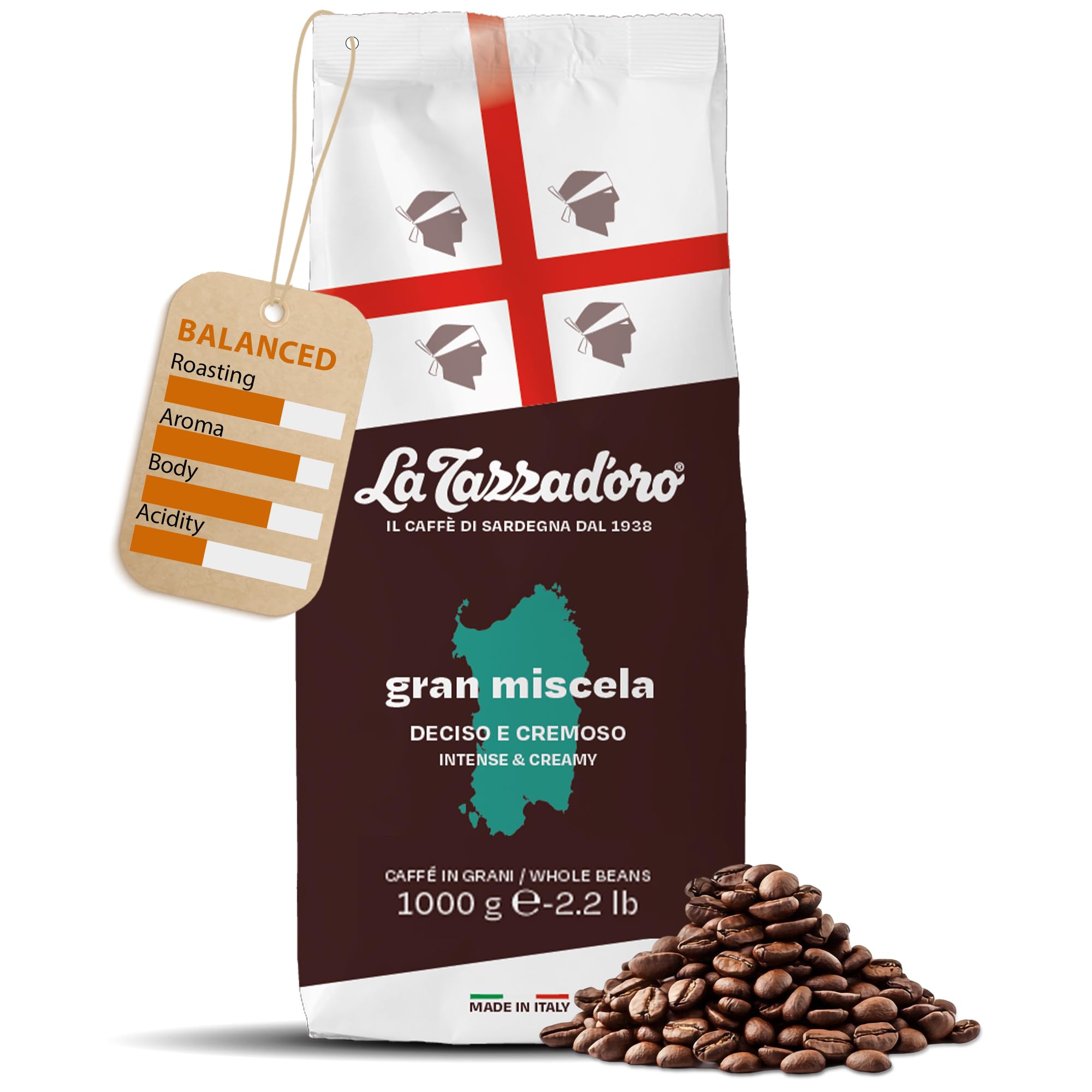 La Tazza D'oro Italian Coffee Beans 1kg Medium Roast - Gran Miscela from the Heart of Sardinia, Finest Whole Coffee Beans for Cafetiere, Moka Pot, Aeropress And Filter Brew - Part of the Kimbo Family