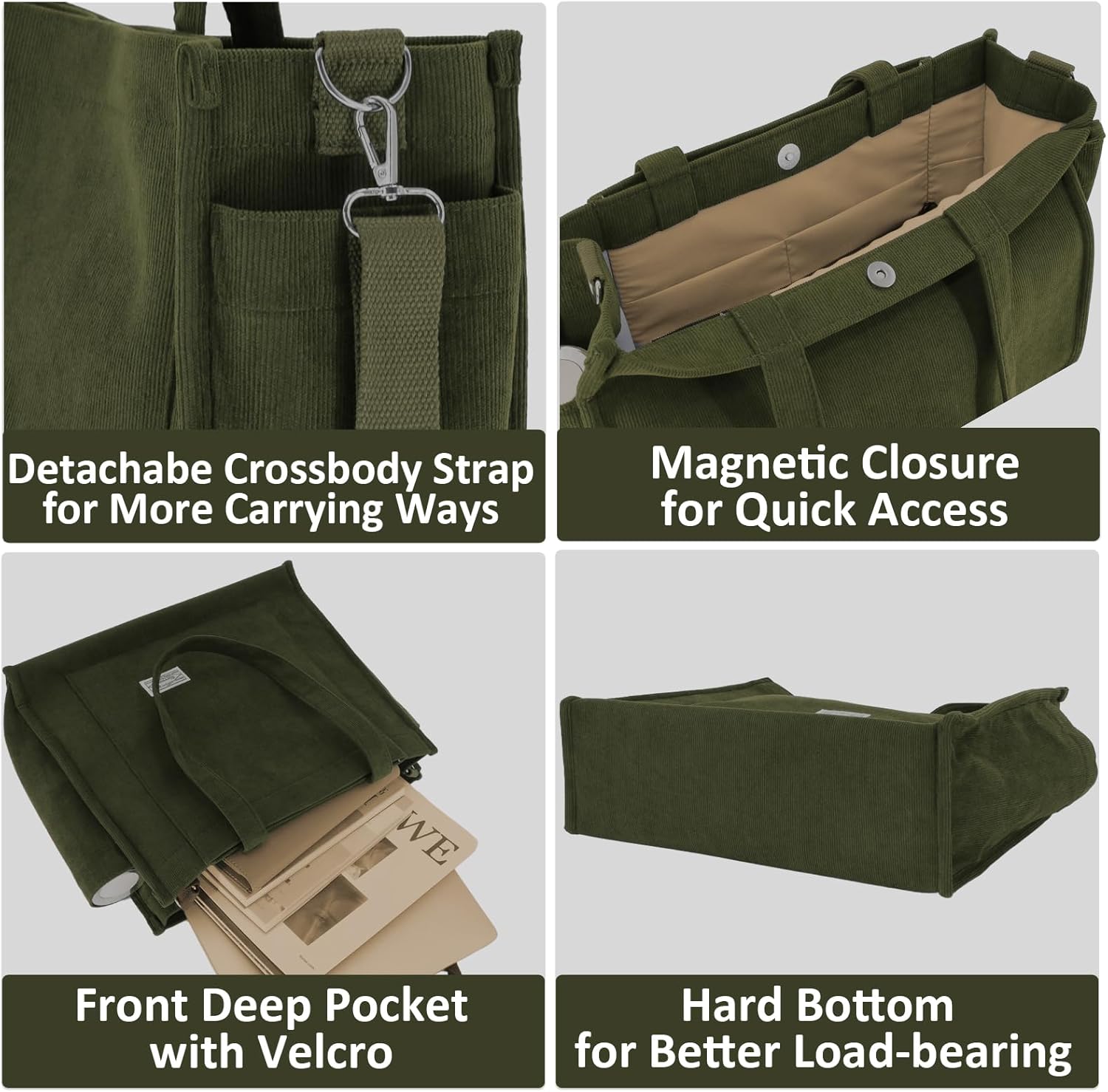 UERRUAM Tote Bag for Women with Compartments,Large Corduroy Tote for Work Travel College Book Bag Hard Bottom Crossbody Bag - Image 5