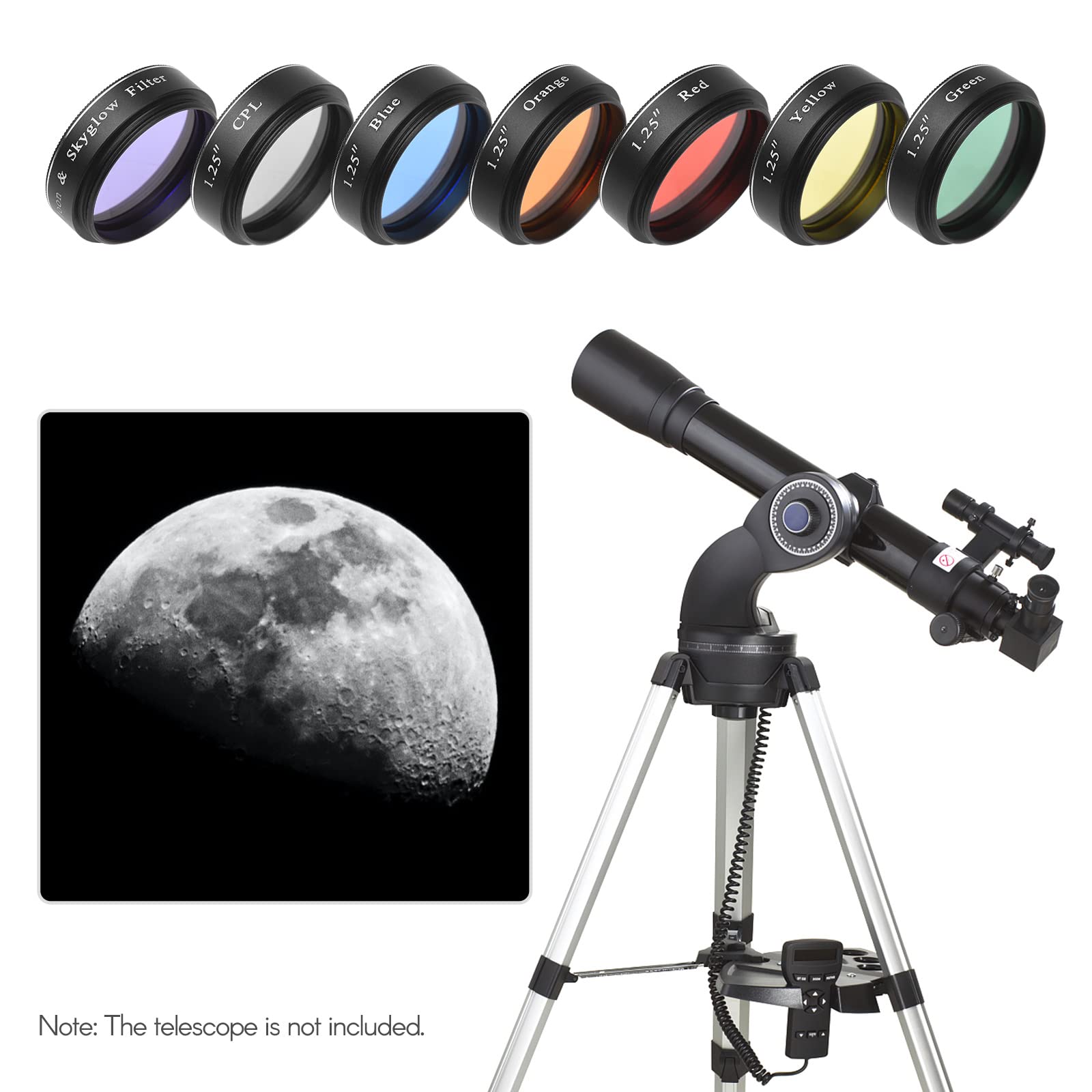 Andoer Lot de filtres oculaires télescopiques de 1,25" - Filtres CPL - Pour l'observation de la lune et le ciel - Rouge, orange, jaune, vert, bleu