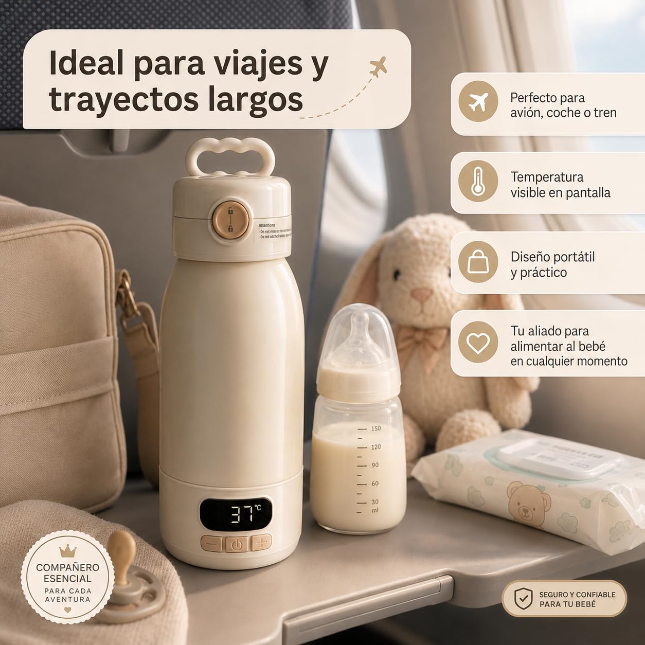 Calienta Biberones Portatil USB Recargable con Control 37°C – Calentador de Biberones y Leche Materna, Termo Biberón Bebé Acero Inoxidable, Calentador Leche Portátil Viaje