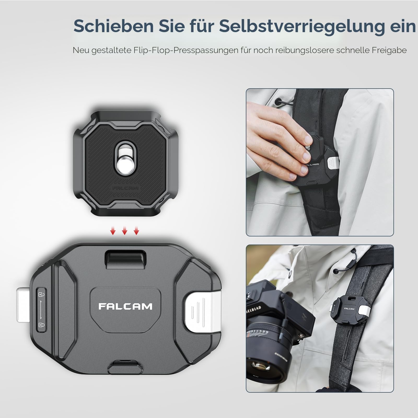 FALCAM F38 Kamera Clip V2 mit Platte Schnellwechselsystem, Kamera Gurt Halterung Rucksack mit 1/4" bis 3/8" Schraubgewinde, Arca-Swiss-kompatibel, Universal-Montagebasisadapter für Schultergurt