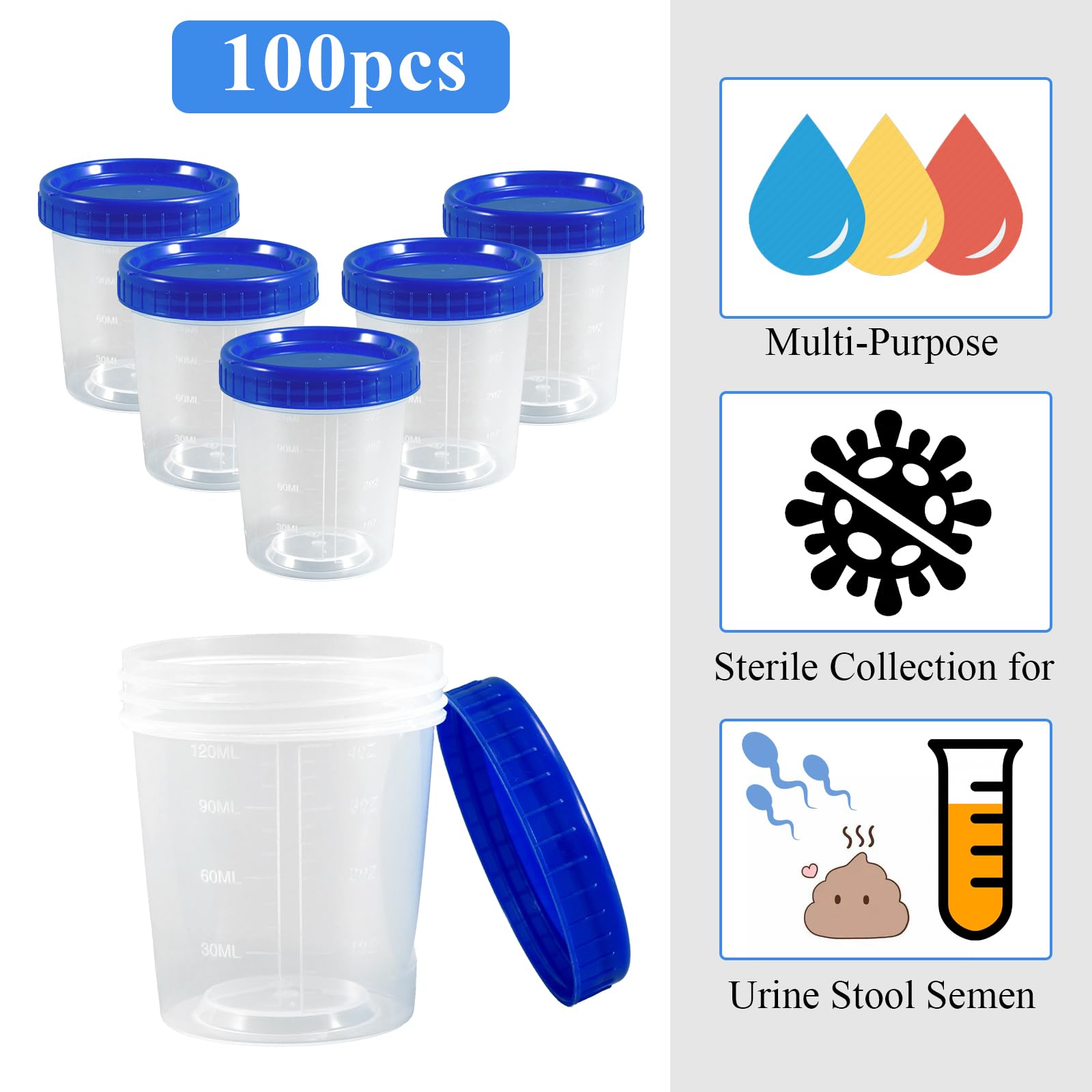 100 Stück Urinbecher mit Schraubdeckel 120ml - Auslaufsicherer Probenbecher mit Skala, Transparenter Probenbehälter für Urinproben, Labor & als Farbmischbecher (Blau)