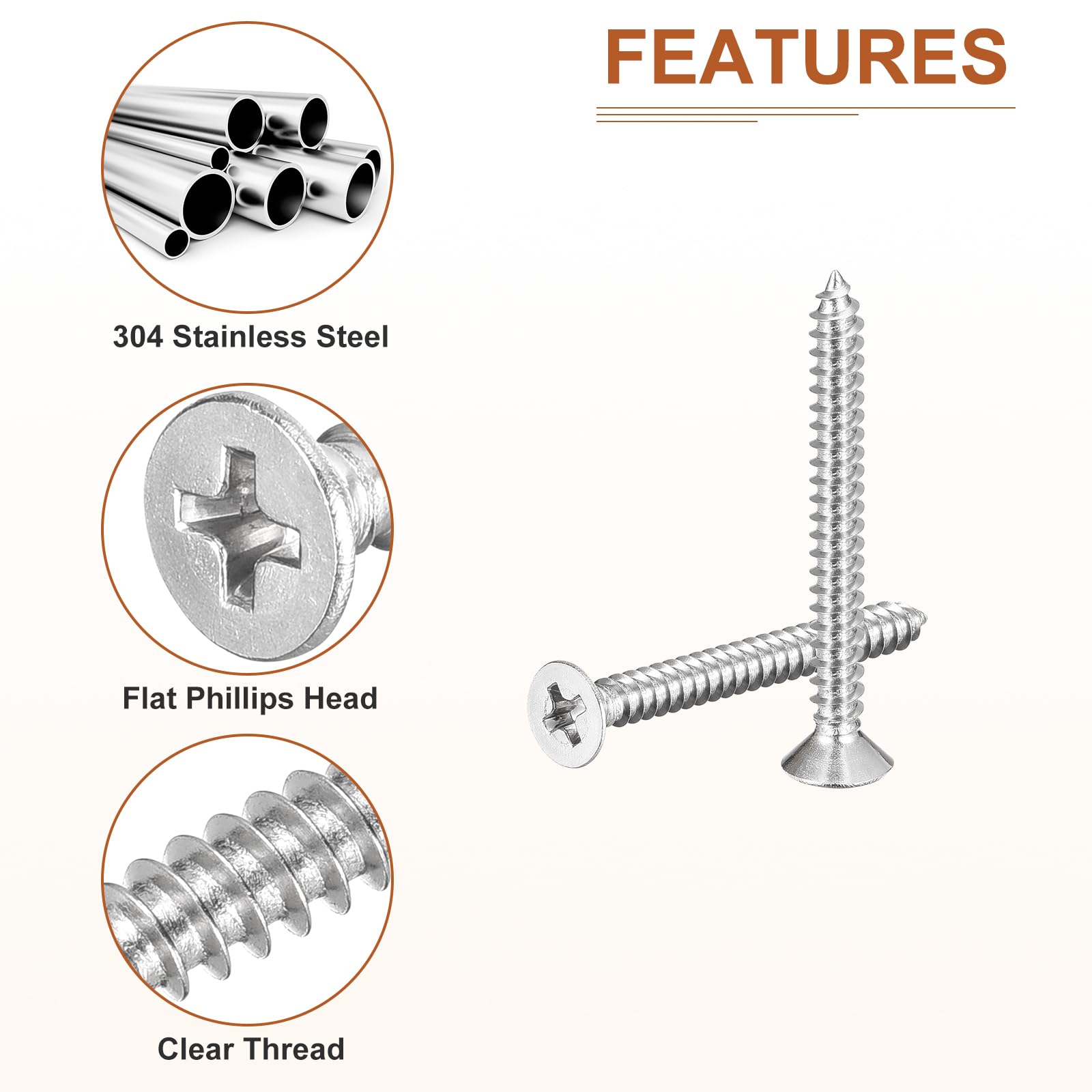 DTGN 100Pcs #6x1-3/8" Flat Head Wood Screws, 304 Stainless Steel Phillips Self Tapping Screws - Good for Woodworking Furniture - Silver - Image 4