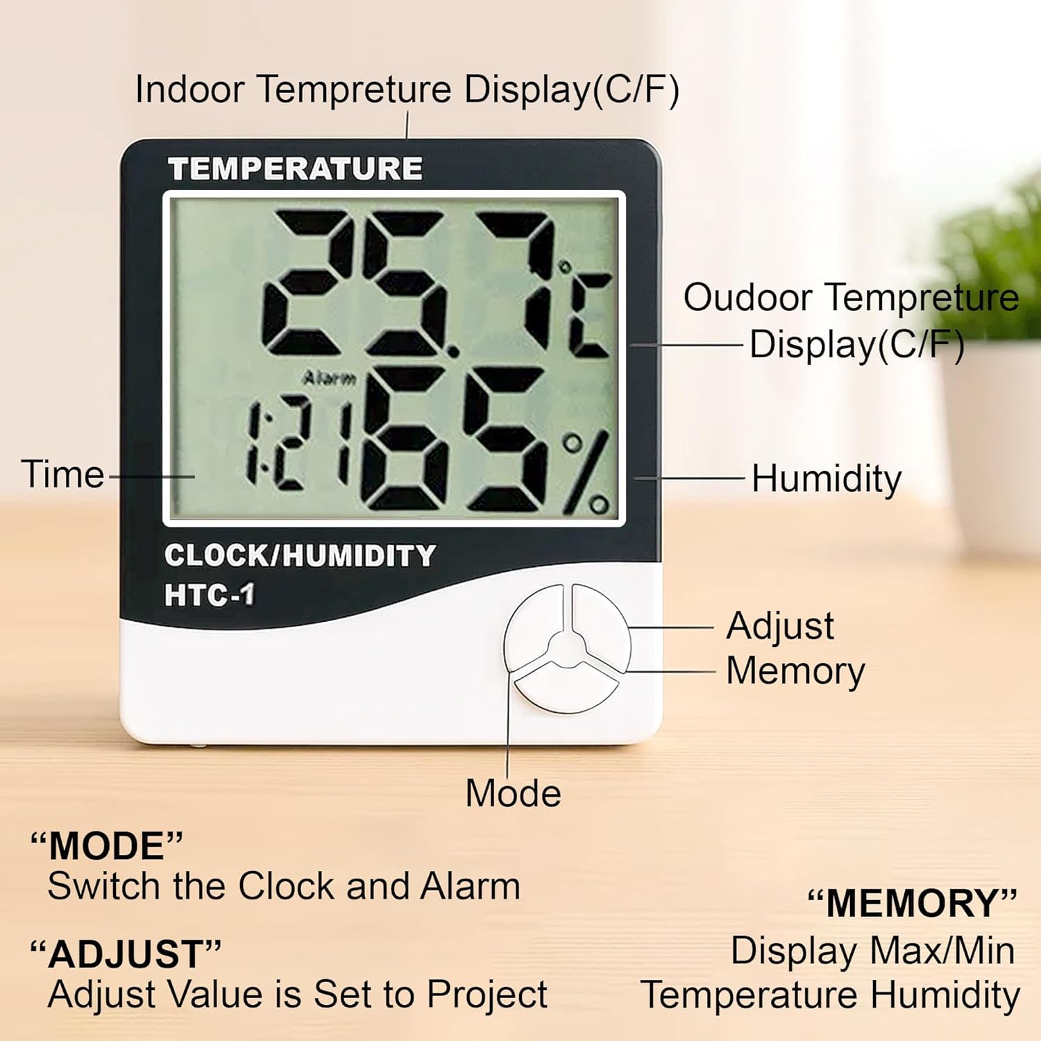 OTTIXE Digital Temperature Humidity Monitor with Clock, Indoor Outdoor Thermometer HTC-2, LCD Display with External Probe, Black and Silver 2