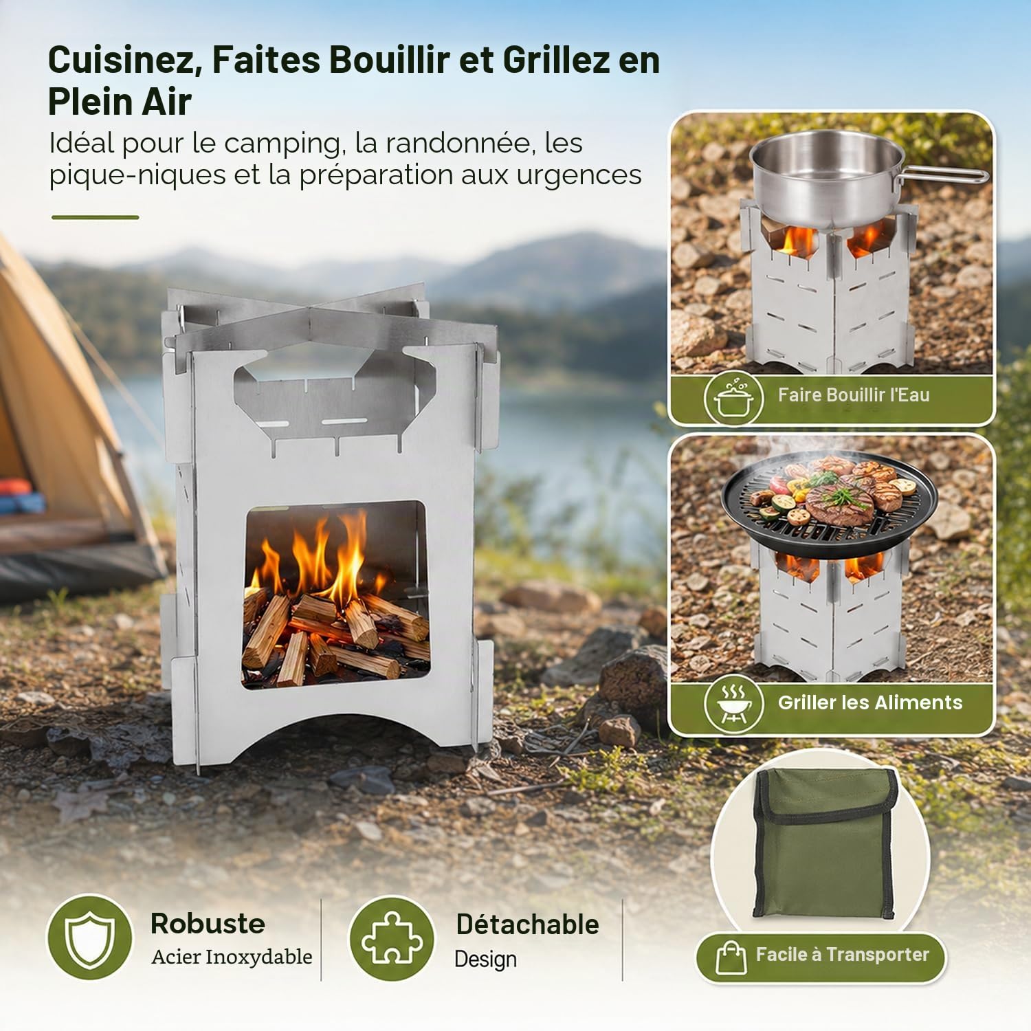 Mini réchaud à bois de camping portable, 10 x 10 cm, pliable, amovible, léger en acier inoxydable avec sac de transport, pour l'extérieur, les voyages, la randonnée et le pique-nique