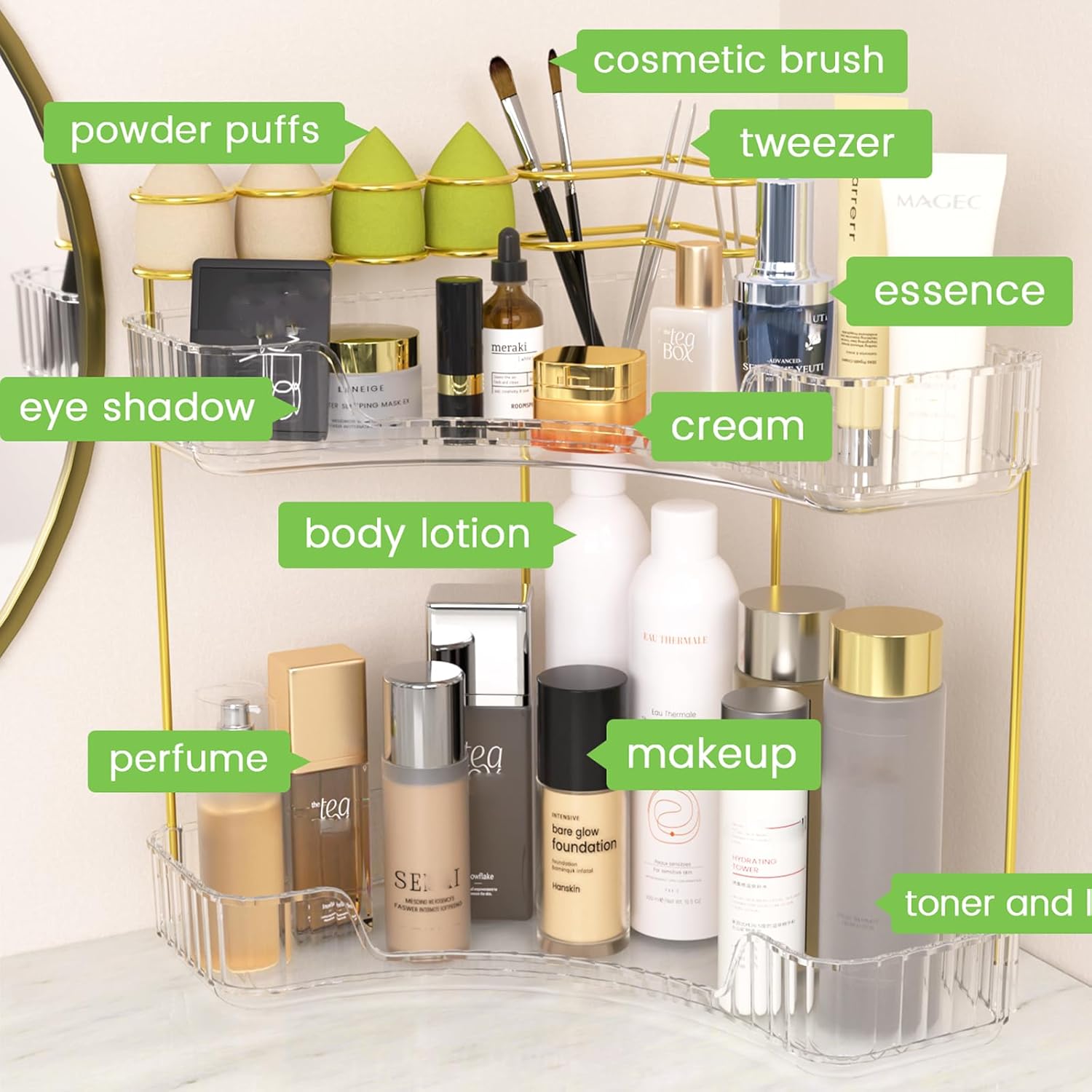 NATURE'S SOURCE Makeup Organizer for Vanity, 2-Tier Corner Bathroom Organizer Countertop with Makeup Brush Holder, Corner Counter Storage for Bathroom Dresser-Clear