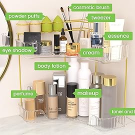 NATURE\'S SOURCE Makeup Organizer for Vanity, 2-Tier Corner Bathroom Organizer Countertop with Makeup Brush Holder, Corner Counter Storage for Bathroom Dresser-Clear