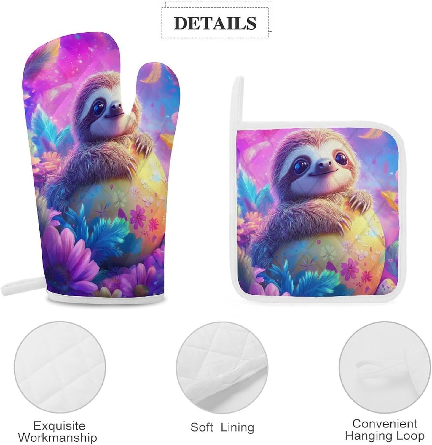 Cute Sloth Easter Egg Oven Mitts and Pot Holders 4Pcs Set Heat Resistant Cooking Mitts Hot Pads