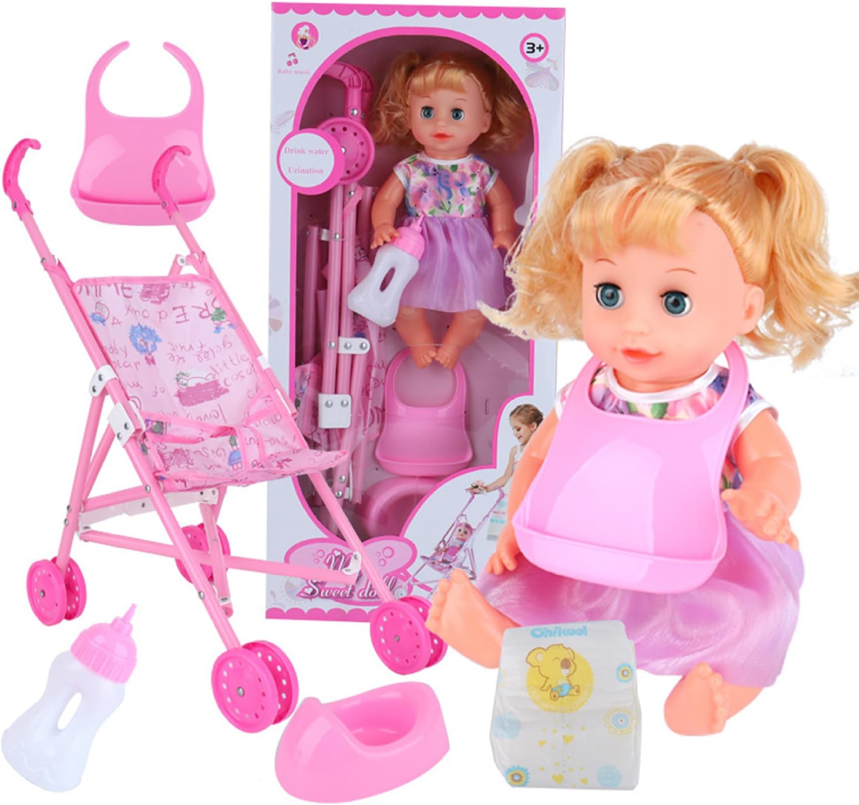 Baby Doll Stroller Set Realistic Interesting Baby Doll with Stroller Includes, Diaper, Bottle, Urinal & Scarf, Set for Pretend Play Role Play, Girl