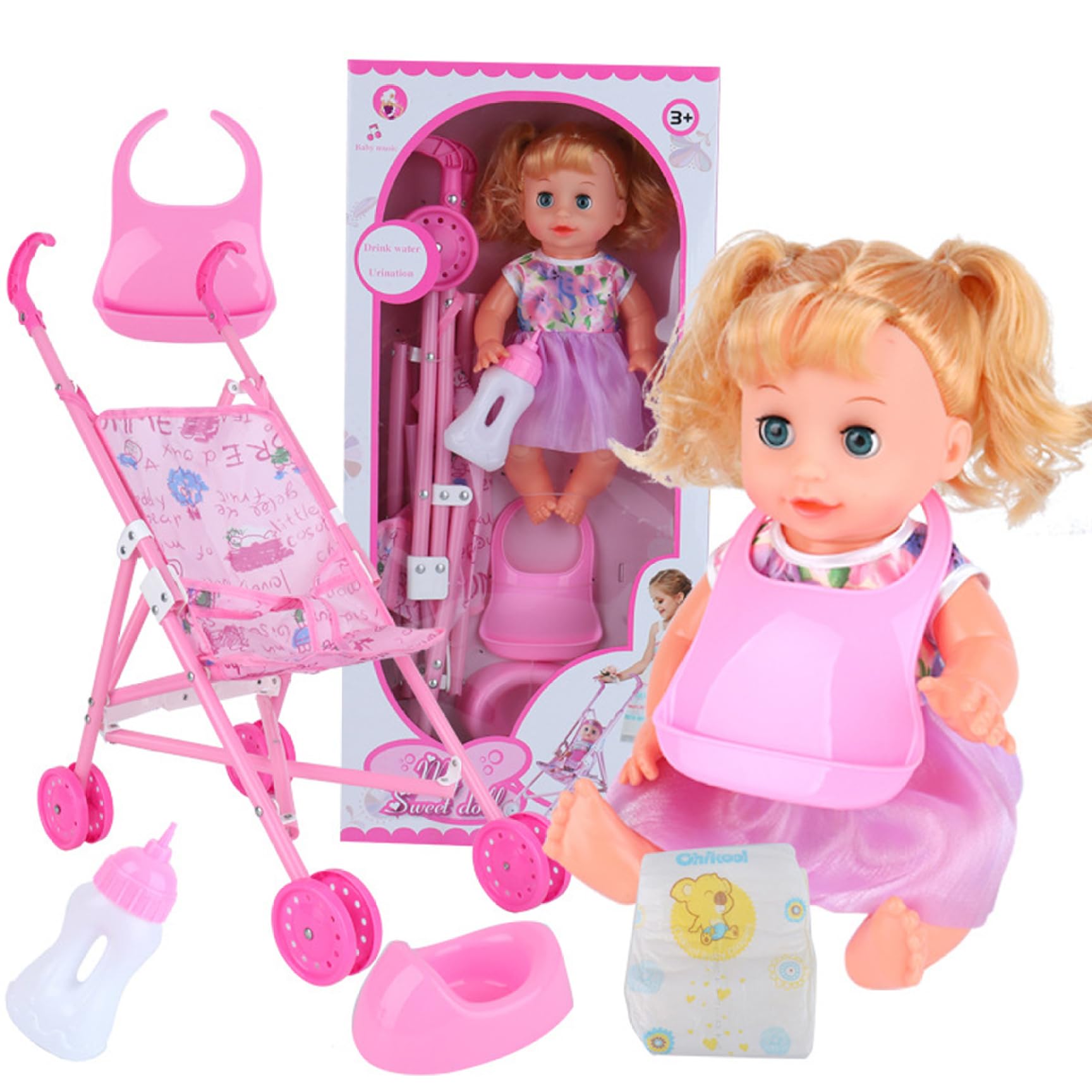 Baby Doll Stroller Set Realistic Interesting Baby Doll with Stroller Includes, Diaper, Bottle, Urinal & Scarf, Set for Pretend Play Role Play, Girl