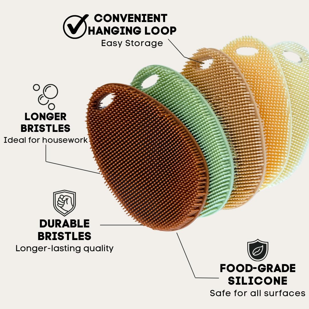 Esponja de silicona para platos, estropajo de silicona de grado alimenticio y limpieza de la casa, estropajo de cocina de silicona sin BPA [paquete de 5 óvalos otoños]